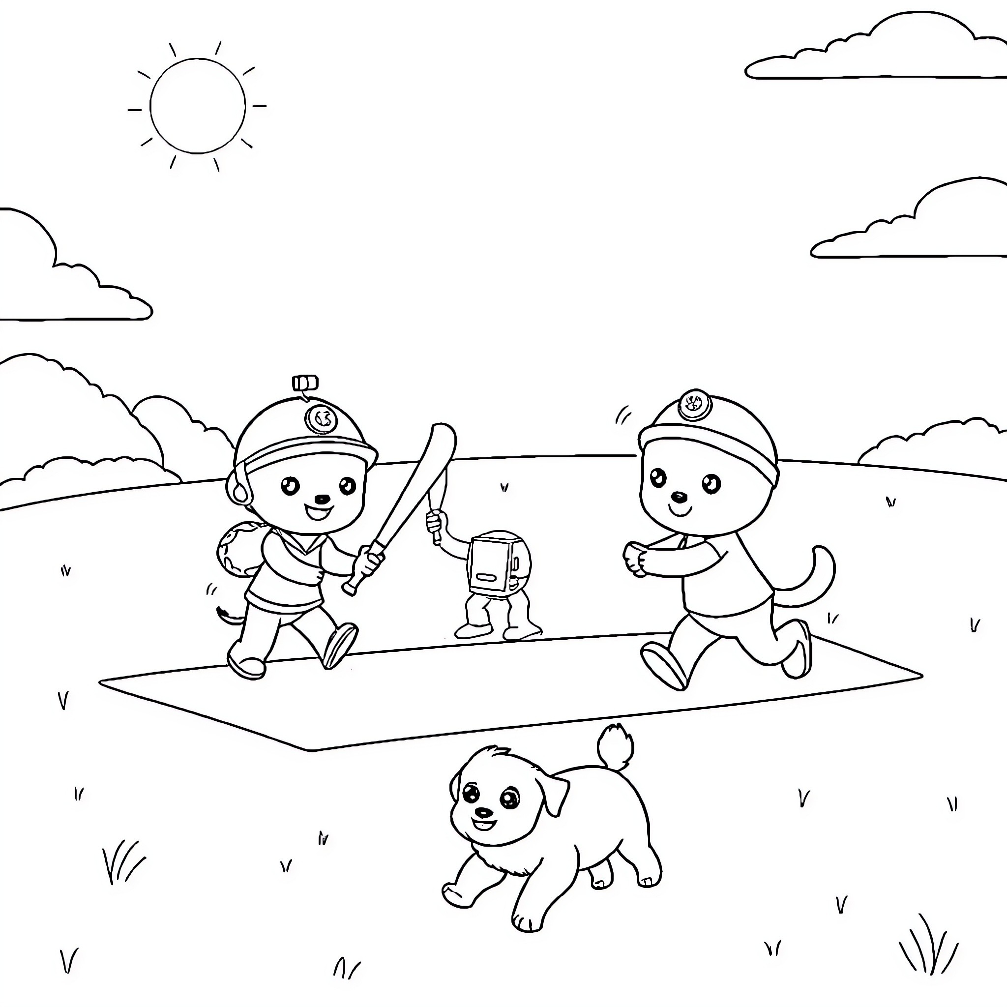 Octonauts playing outdoors on a sunny day Coloring Page (free black-and-white line drawing printable PDF for all, from beginners to advanced learners, including children, teens, adults, and seniors)