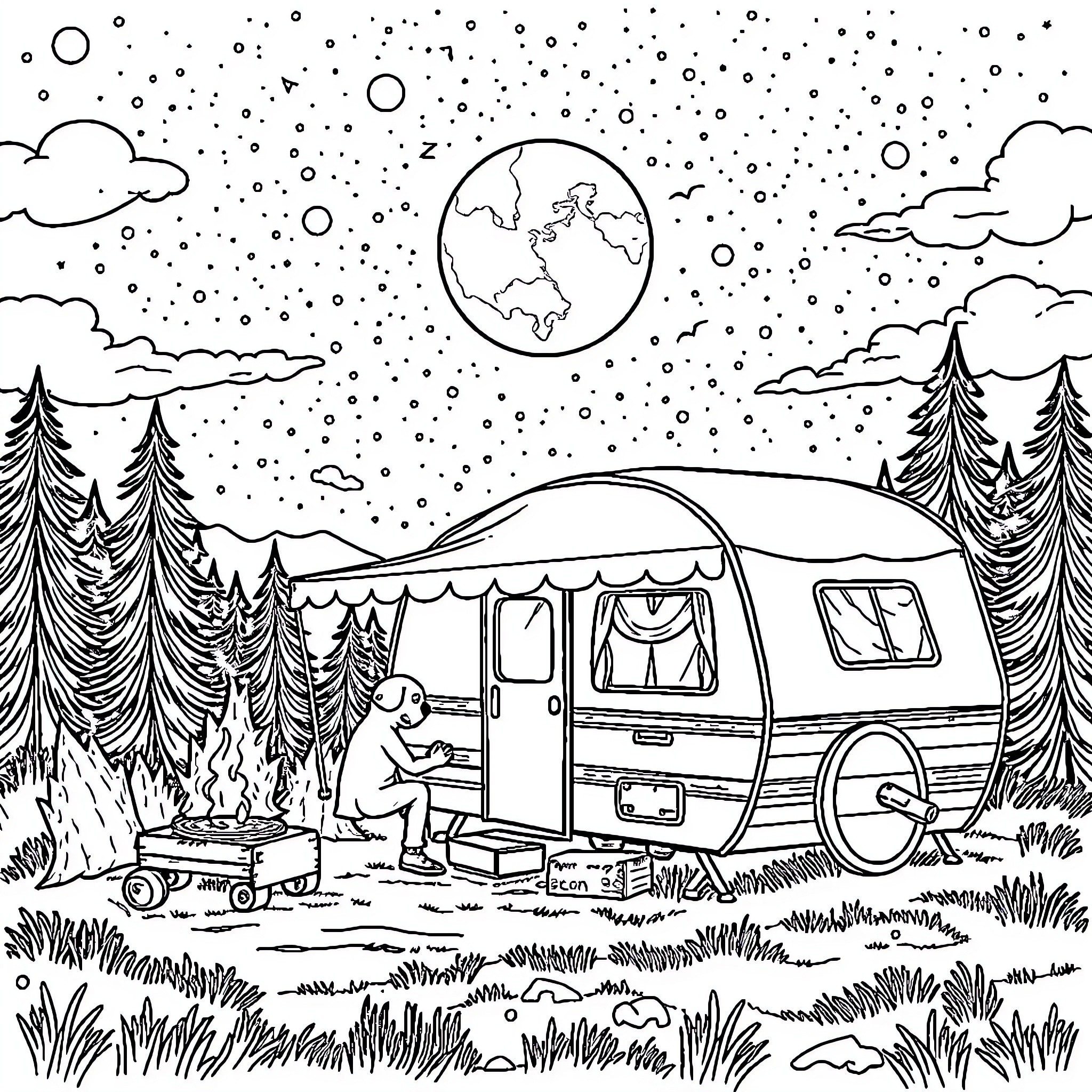 Stitch Camping Adventure Under the Starry Night Sky Coloring Page (free black-and-white line drawing printable PDF for all, from beginners to advanced learners, including children, teens, adults, and seniors)