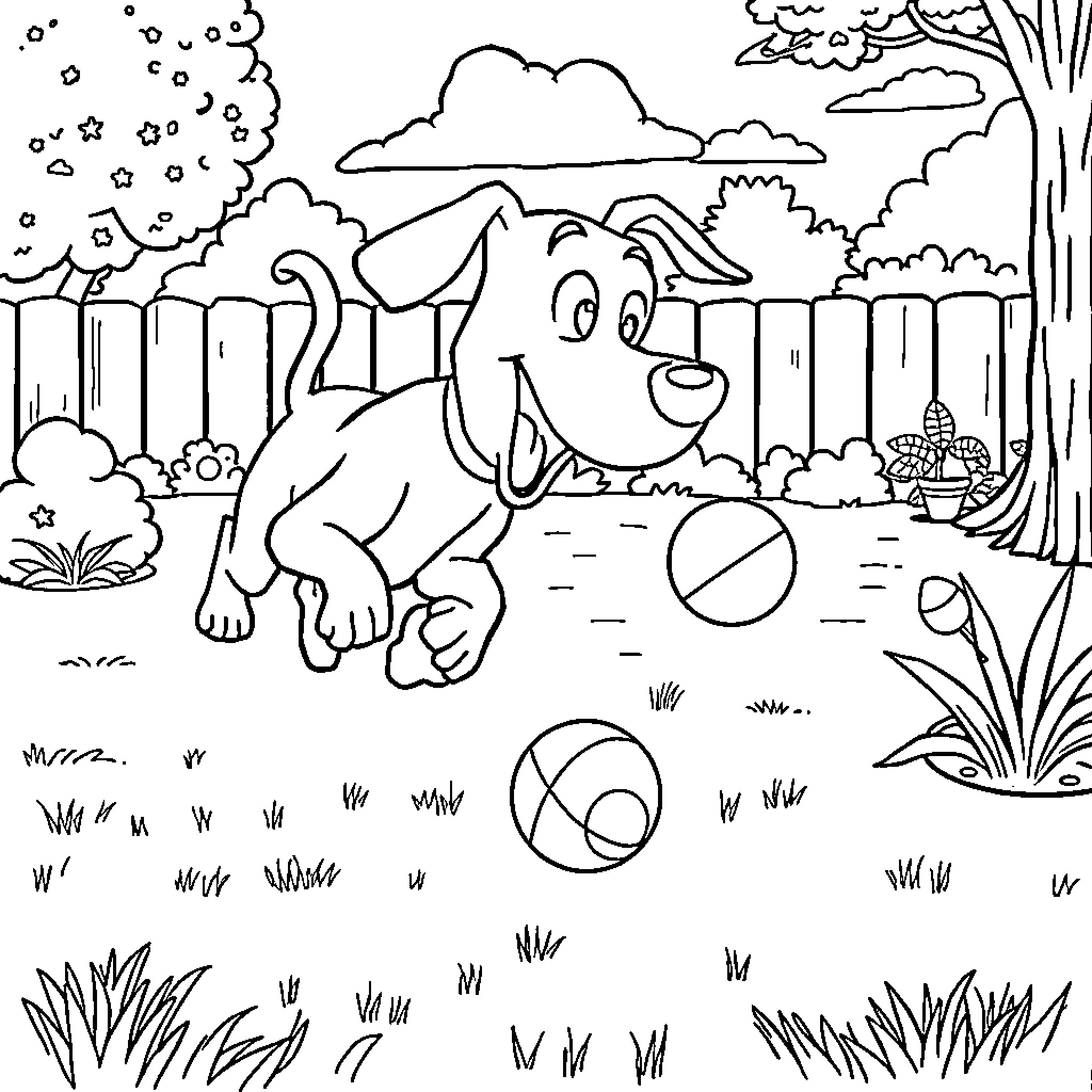 Courage - Playful Pup Enjoying the Outdoors Coloring Page (free black-and-white line drawing printable PDF for all, from beginners to advanced learners, including children, teens, adults, and seniors)