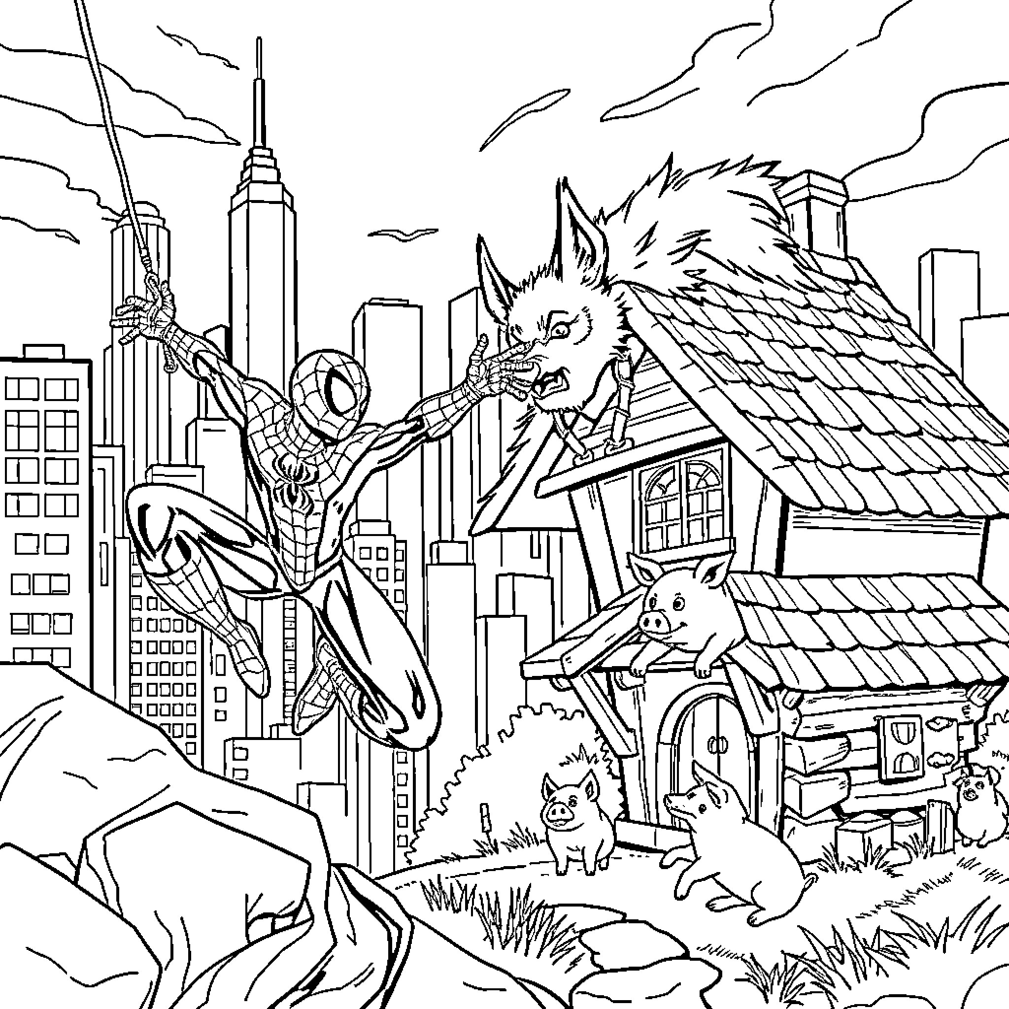 Spiderman battling villains in the city Coloring Page (free black-and-white line drawing printable PDF for all, from beginners to advanced learners, including children, teens, adults, and seniors)