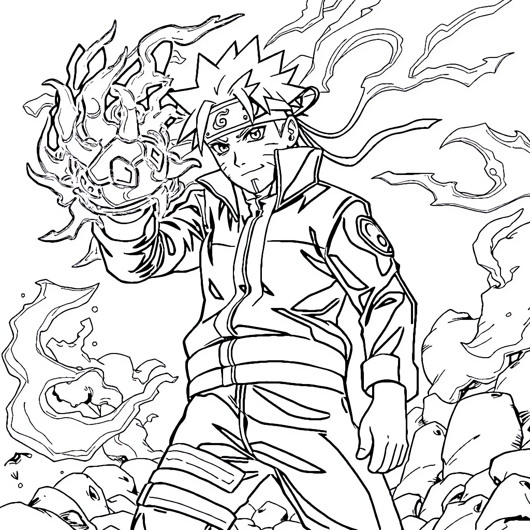 Naruto unleashing powerful ninjutsu in intense battle Coloring Page (free black-and-white line drawing printable PDF for all, from beginners to advanced learners, including children, teens, adults, and seniors)