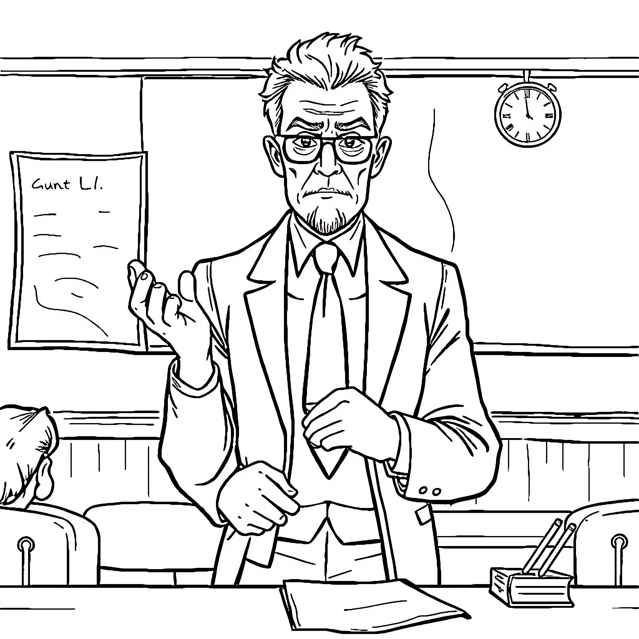Strict Businessman Signing Official Documents Coloring Page (free black-and-white line drawing printable PDF for all, from beginners to advanced learners, including children, teens, adults, and seniors)
