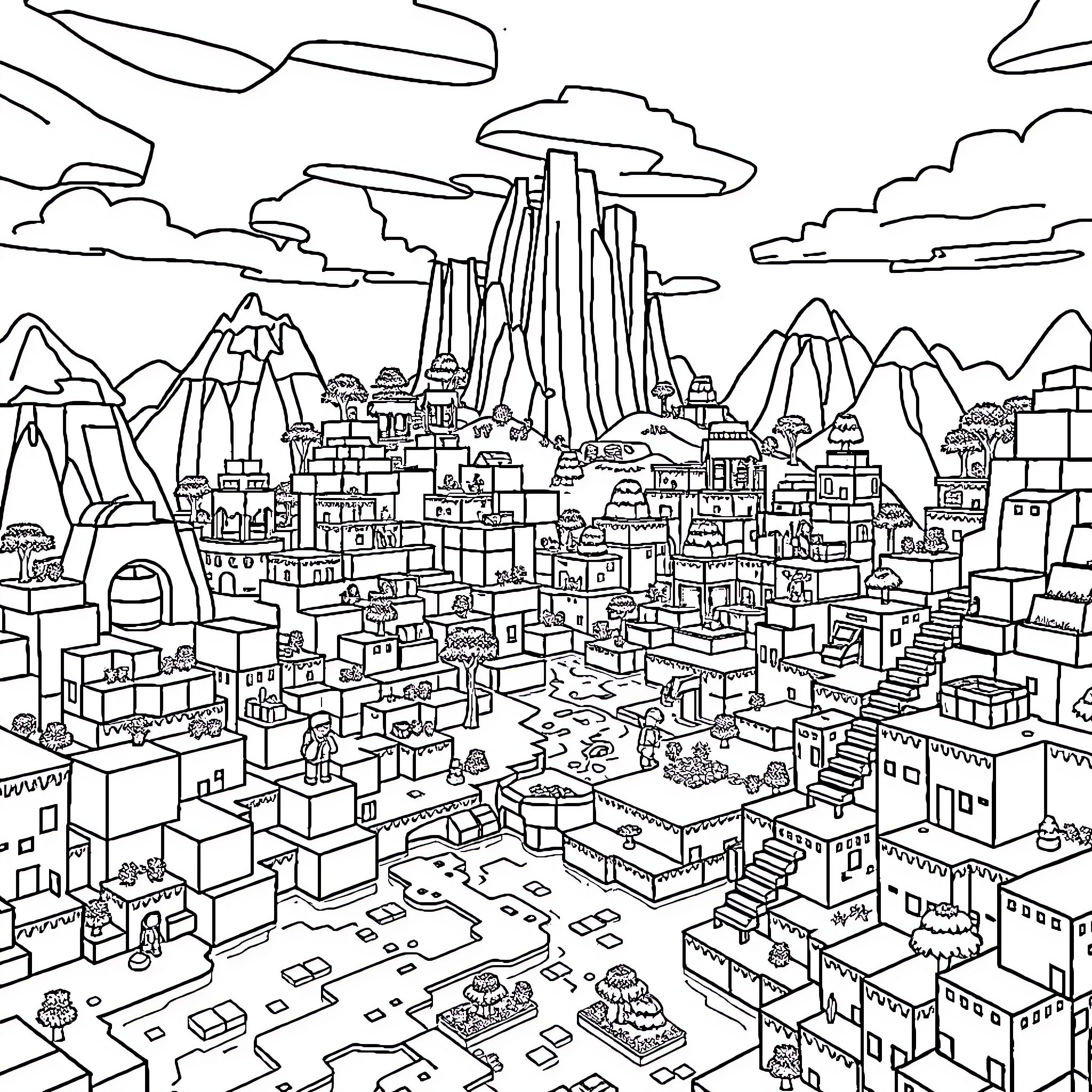 Minecraft Cityscape with Diverse Structures and Landscapes Coloring Page (free black-and-white line drawing printable PDF for all, from beginners to advanced learners, including children, teens, adults, and seniors)