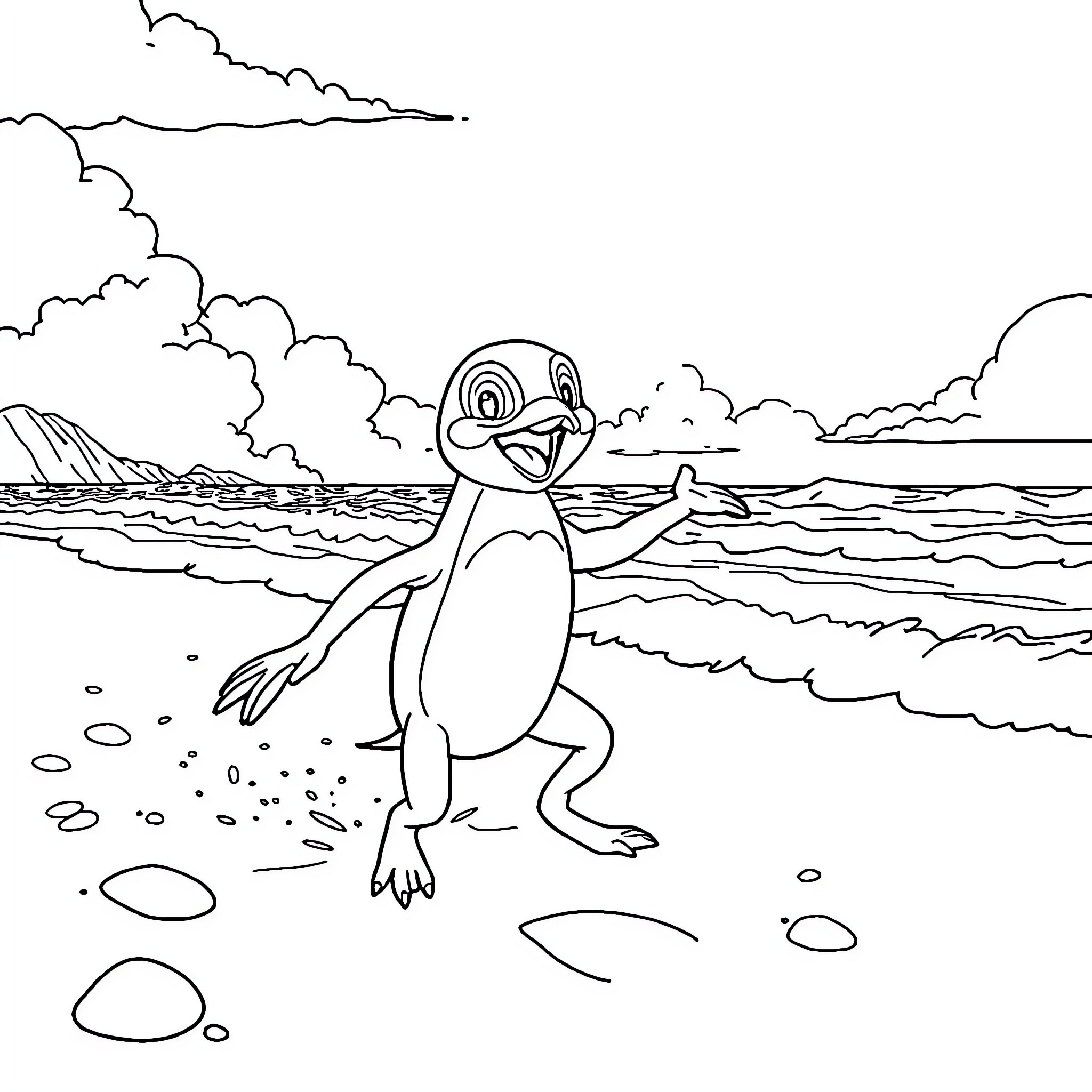 Pat the happy amphibian enjoys the beach Coloring Page (free black-and-white line drawing printable PDF for all, from beginners to advanced learners, including children, teens, adults, and seniors)