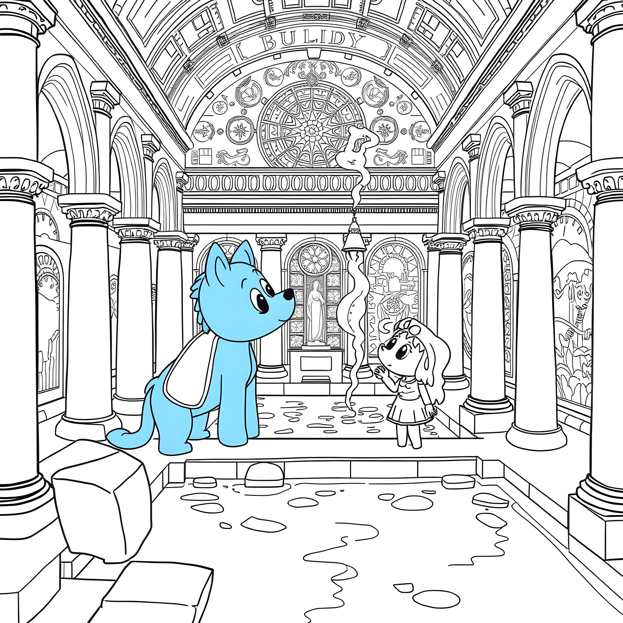 Bluey and Bingo explore a grand, ornate building Coloring Page (free black-and-white line drawing printable PDF for all, from beginners to advanced learners, including children, teens, adults, and seniors)