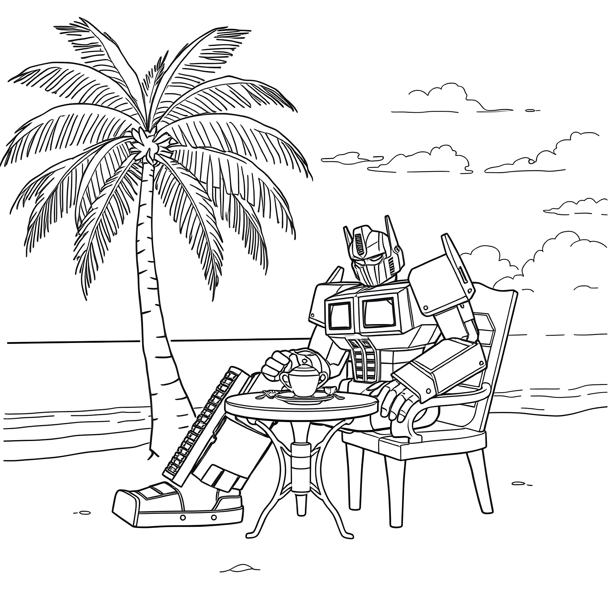 Optimus Prime enjoying a tropical vacation on the beach Coloring Page (free black-and-white line drawing printable PDF for all, from beginners to advanced learners, including children, teens, adults, and seniors)