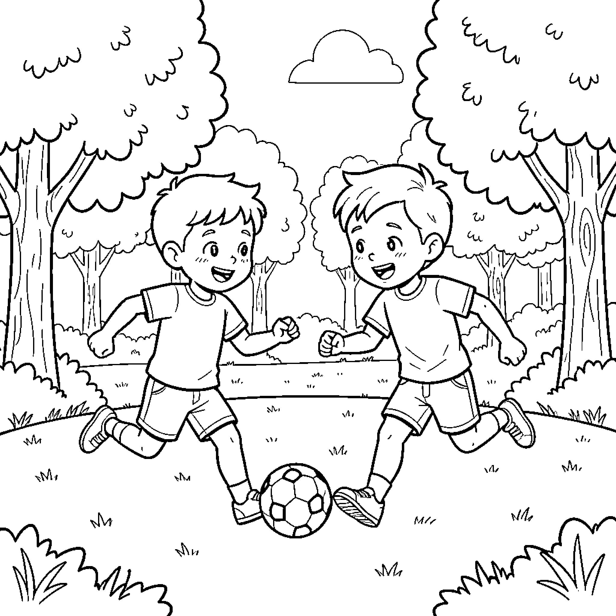 Child playing soccer happily with a friend outdoors Coloring Page (free black-and-white line drawing printable PDF for all, from beginners to advanced learners, including children, teens, adults, and seniors)