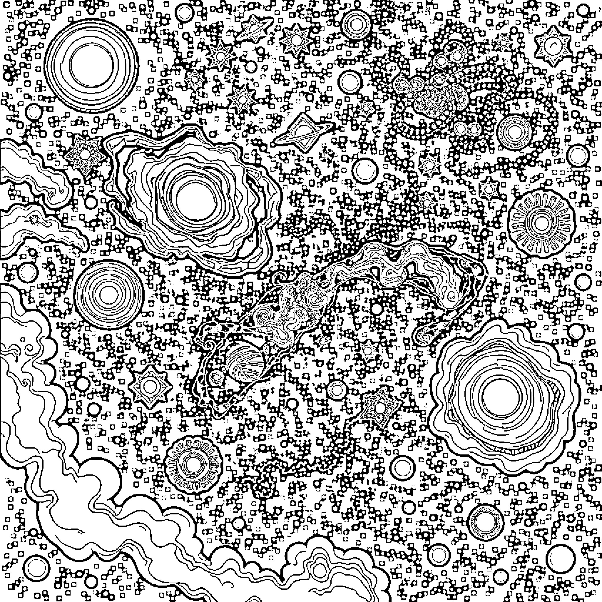 Galaxy of Abstract Shapes and Patterns Coloring Page (free black-and-white line drawing printable PDF for all, from beginners to advanced learners, including children, teens, adults, and seniors)
