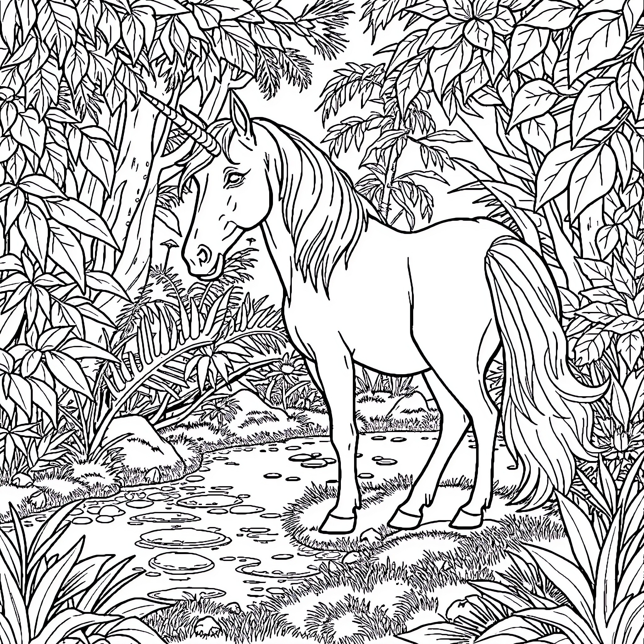 Unicorn in the Enchanted Forest Coloring Page (free black-and-white line drawing printable PDF for all, from beginners to advanced learners, including children, teens, adults, and seniors)