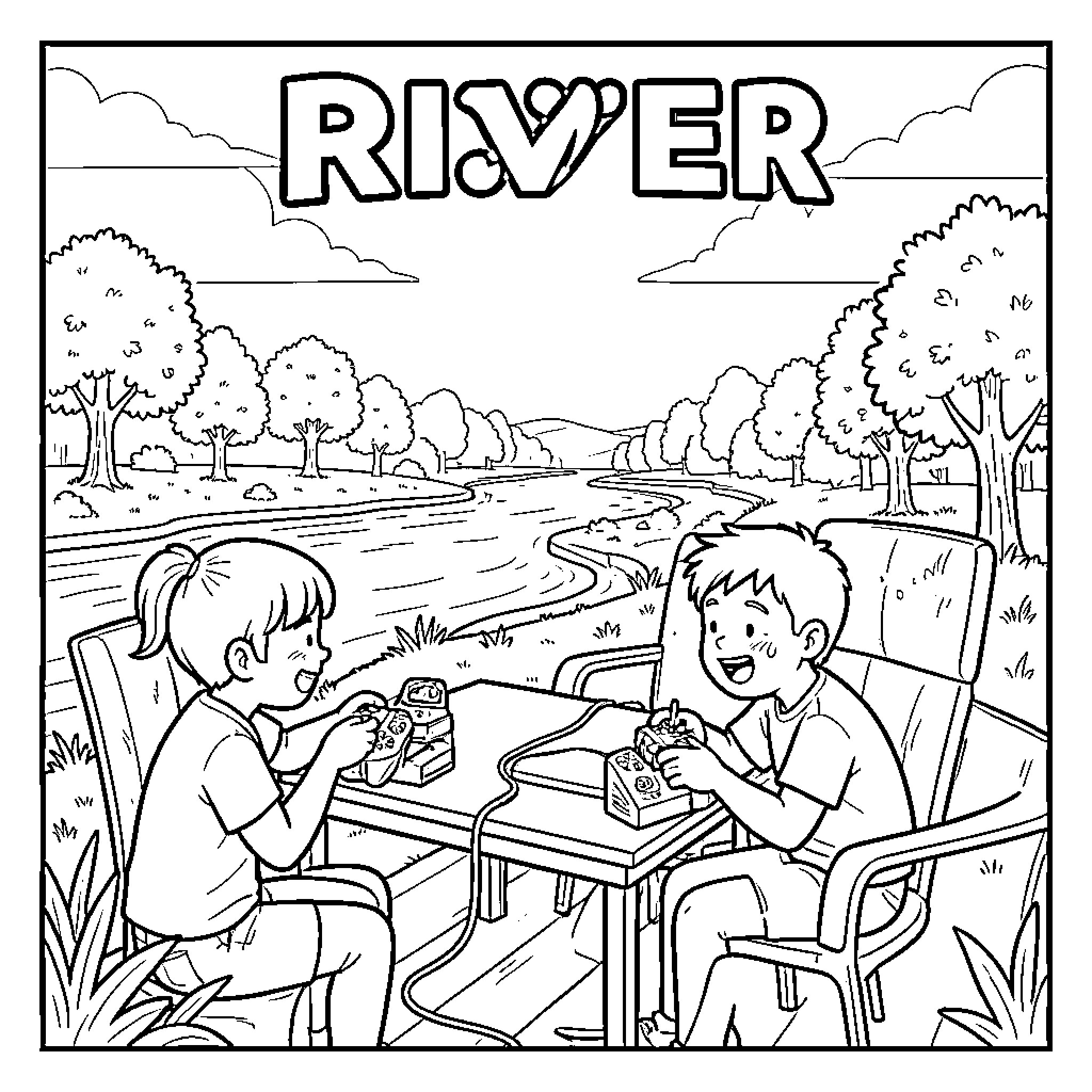 River landscape with children playing at a table Coloring Page (free black-and-white line drawing printable PDF for all, from beginners to advanced learners, including children, teens, adults, and seniors)