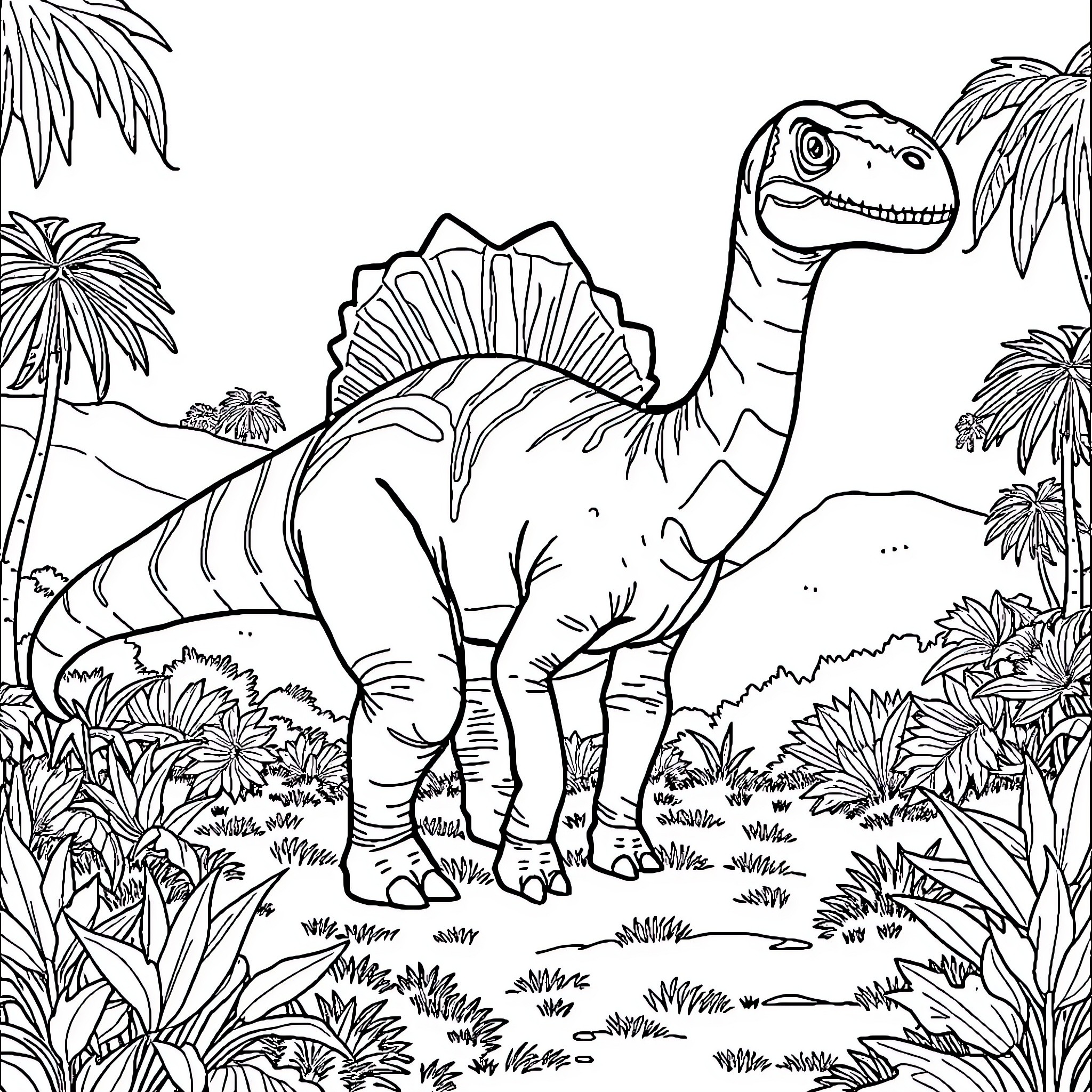 Parasaurolophus dinosaur in prehistoric landscape Coloring Page (free black-and-white line drawing printable PDF for all, from beginners to advanced learners, including children, teens, adults, and seniors)