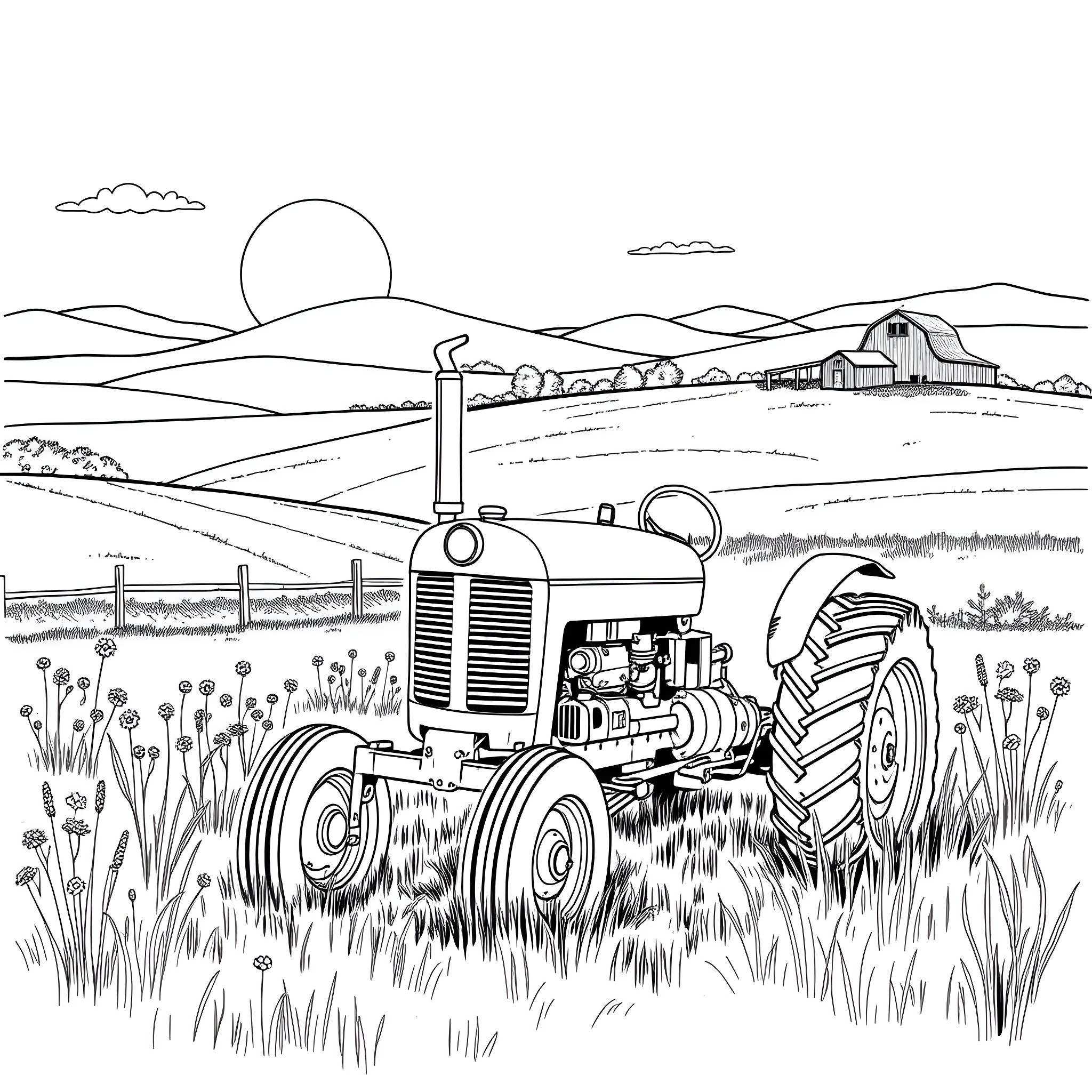 Tractor plowing the field with farmhouse in background Coloring Page (free black-and-white line drawing printable PDF for all, from beginners to advanced learners, including children, teens, adults, and seniors)
