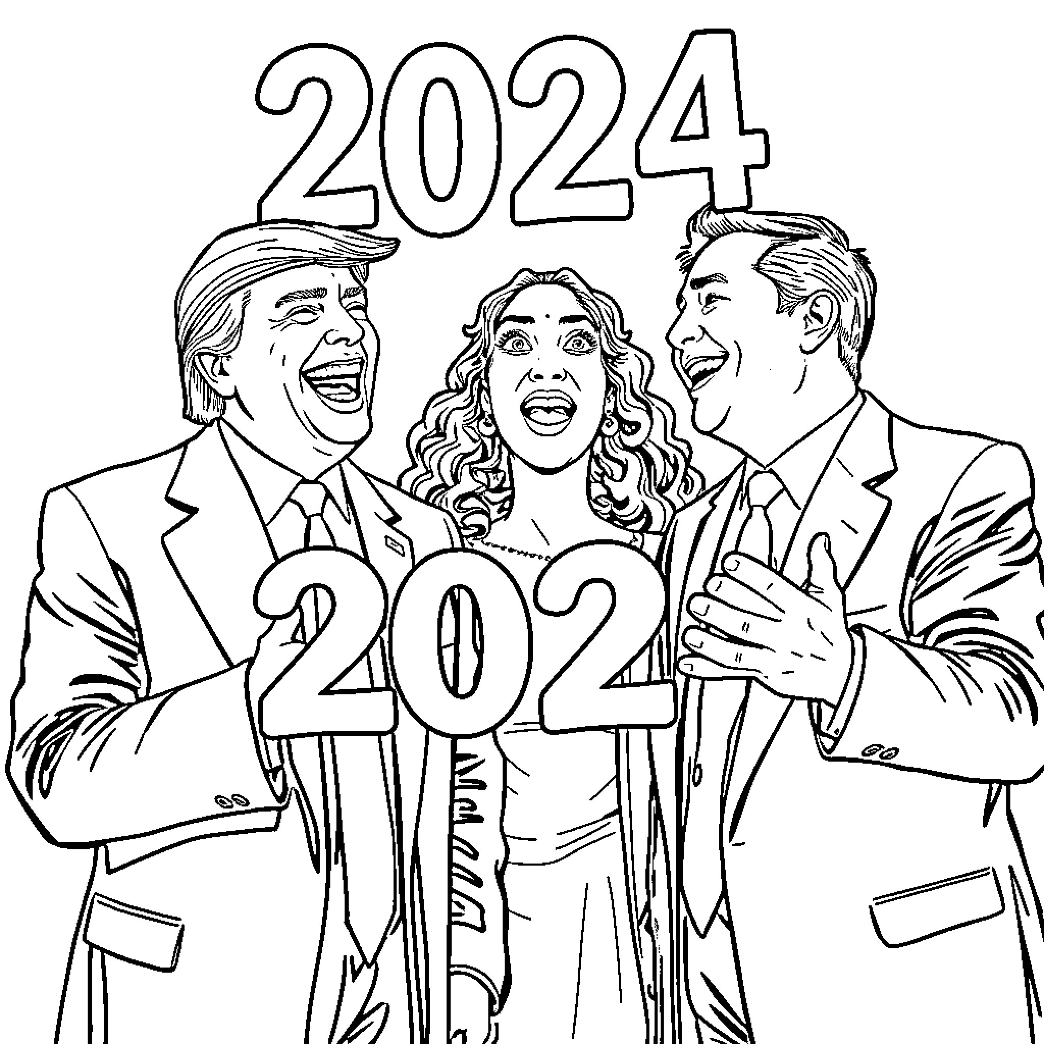 Trump Celebrates New Year 2024 with Political Figures Coloring Page (free black-and-white line drawing printable PDF for all, from beginners to advanced learners, including children, teens, adults, and seniors)