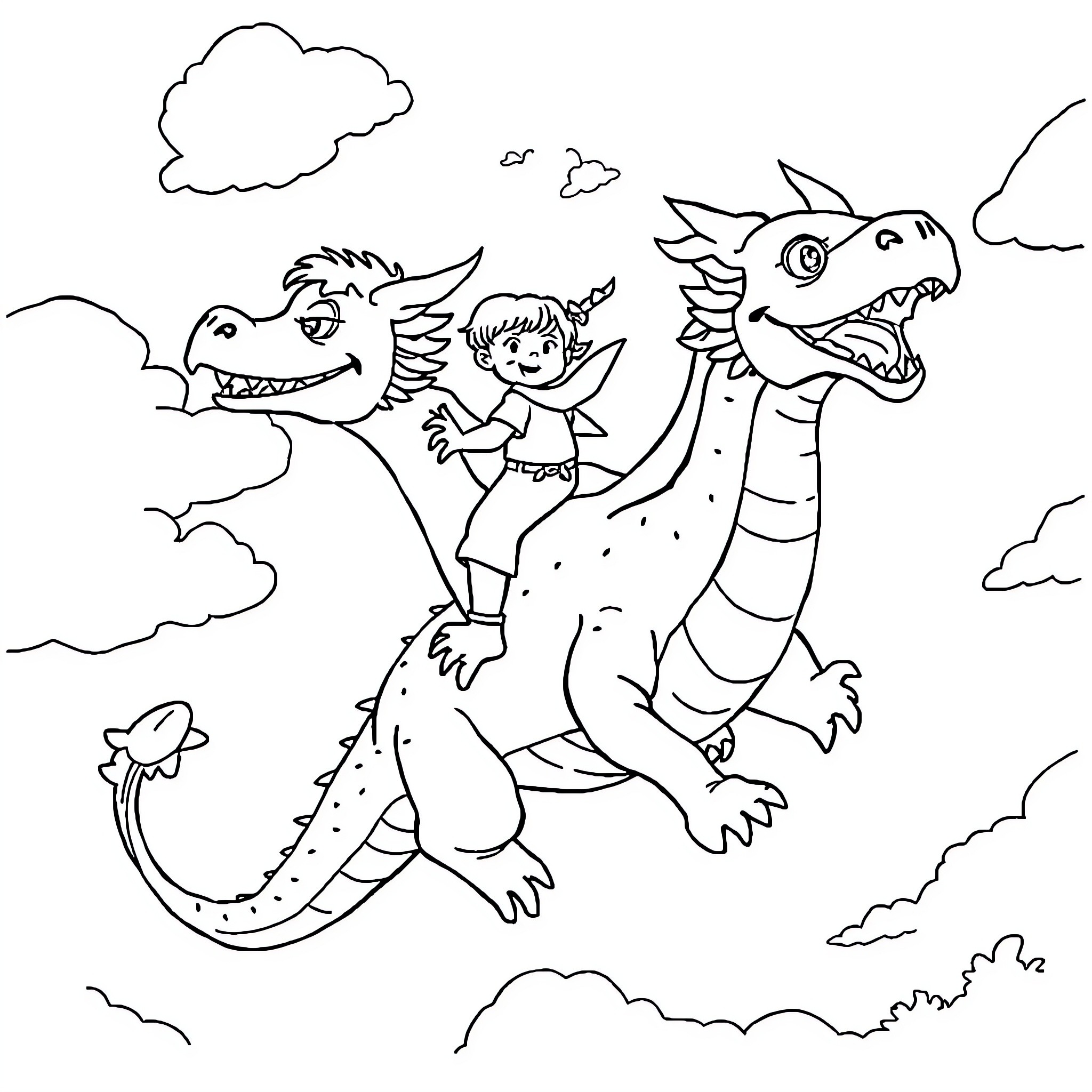Child riding playful dinosaur in the clouds Coloring Page (free black-and-white line drawing printable PDF for all, from beginners to advanced learners, including children, teens, adults, and seniors)