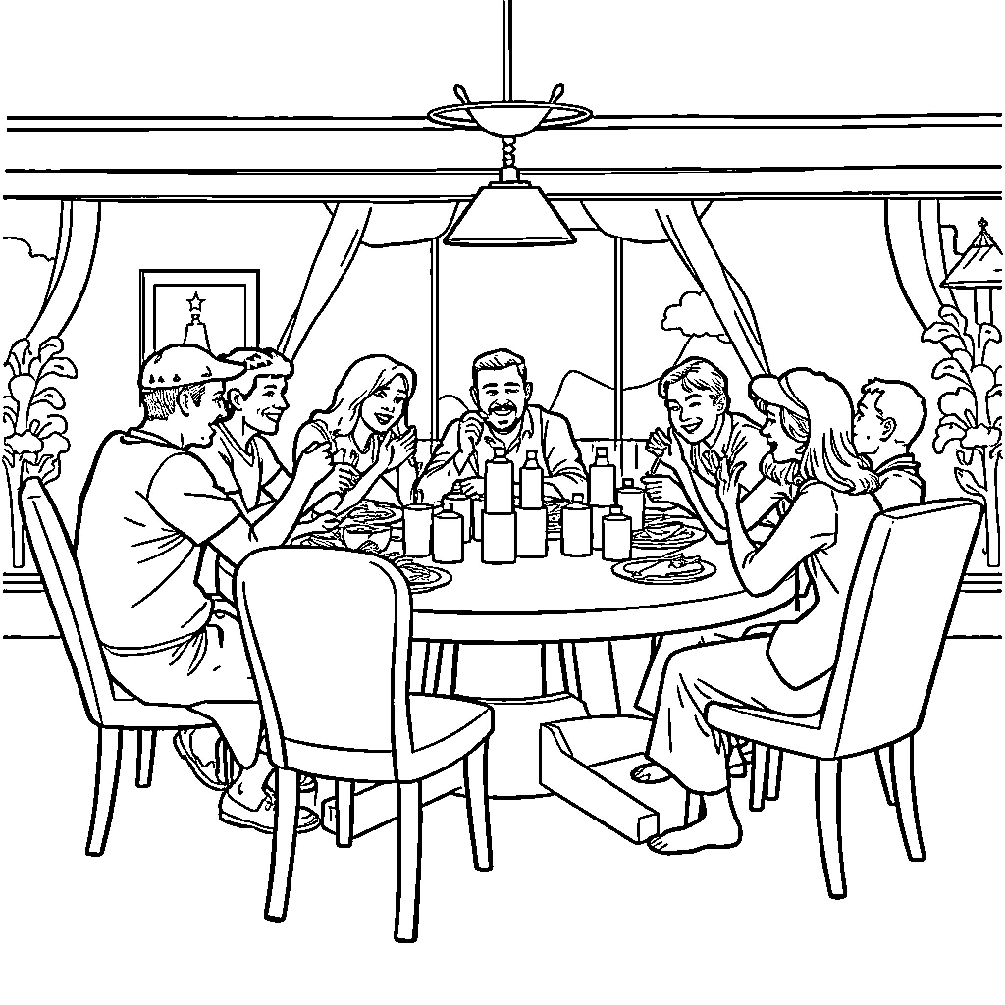 People having a family gathering and dinner Coloring Page (free black-and-white line drawing printable PDF for all, from beginners to advanced learners, including children, teens, adults, and seniors)