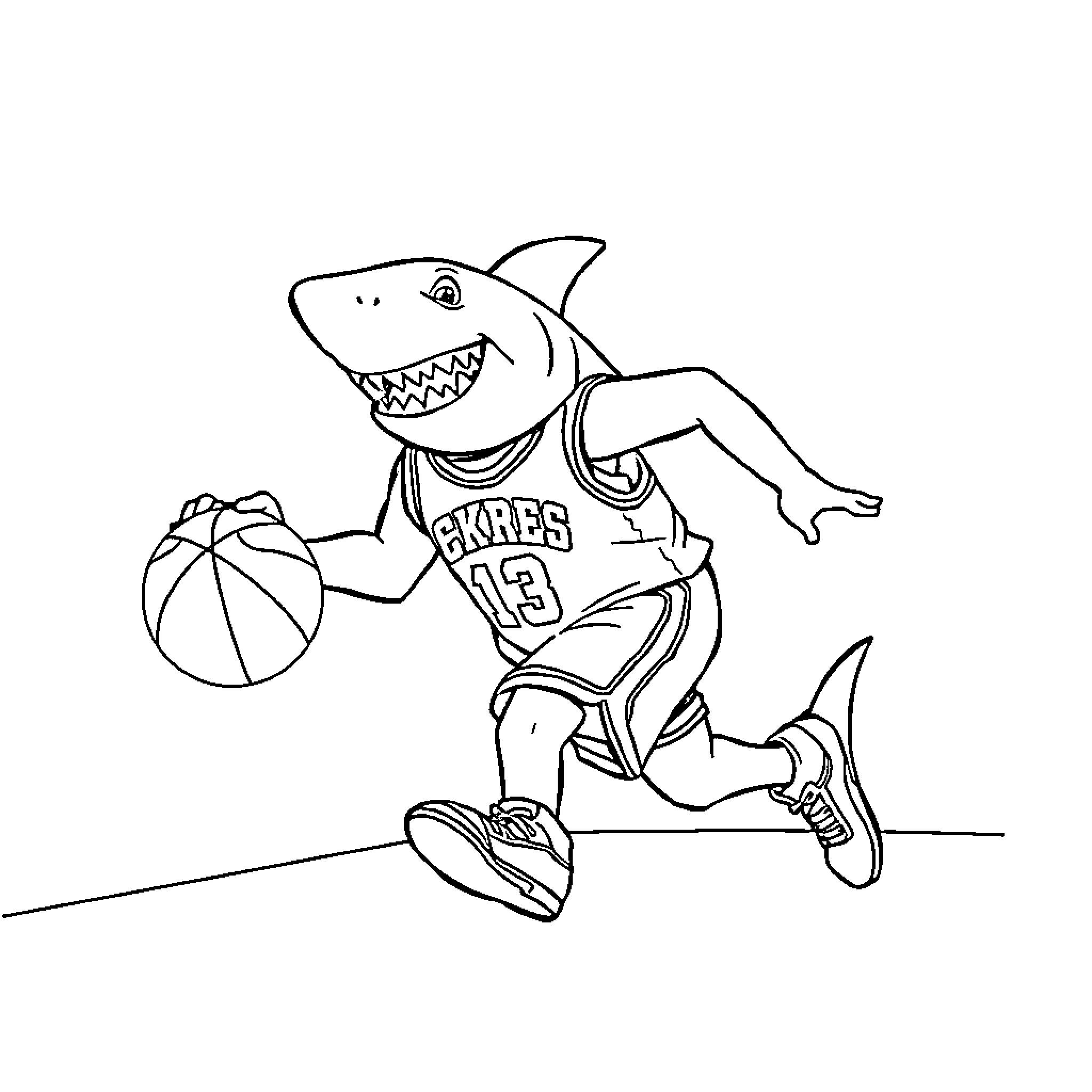 Shark player dribbling basketball on court Coloring Page (free black-and-white line drawing printable PDF for all, from beginners to advanced learners, including children, teens, adults, and seniors)