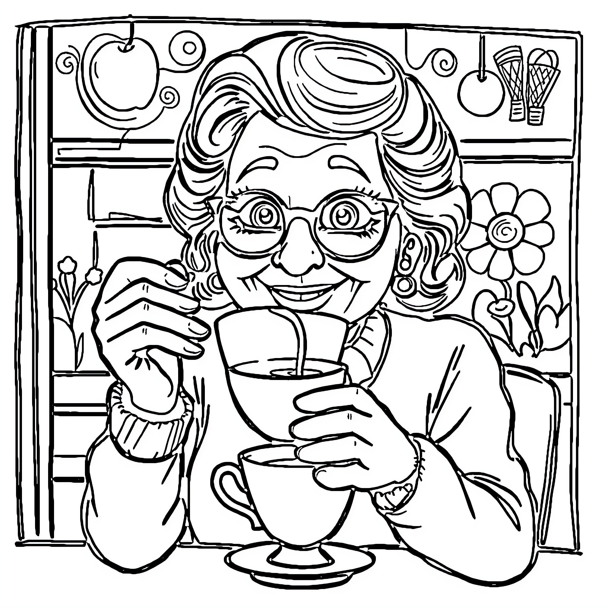 Grandmother enjoying a warm drink in the kitchen Coloring Page (free black-and-white line drawing printable PDF for all, from beginners to advanced learners, including children, teens, adults, and seniors)