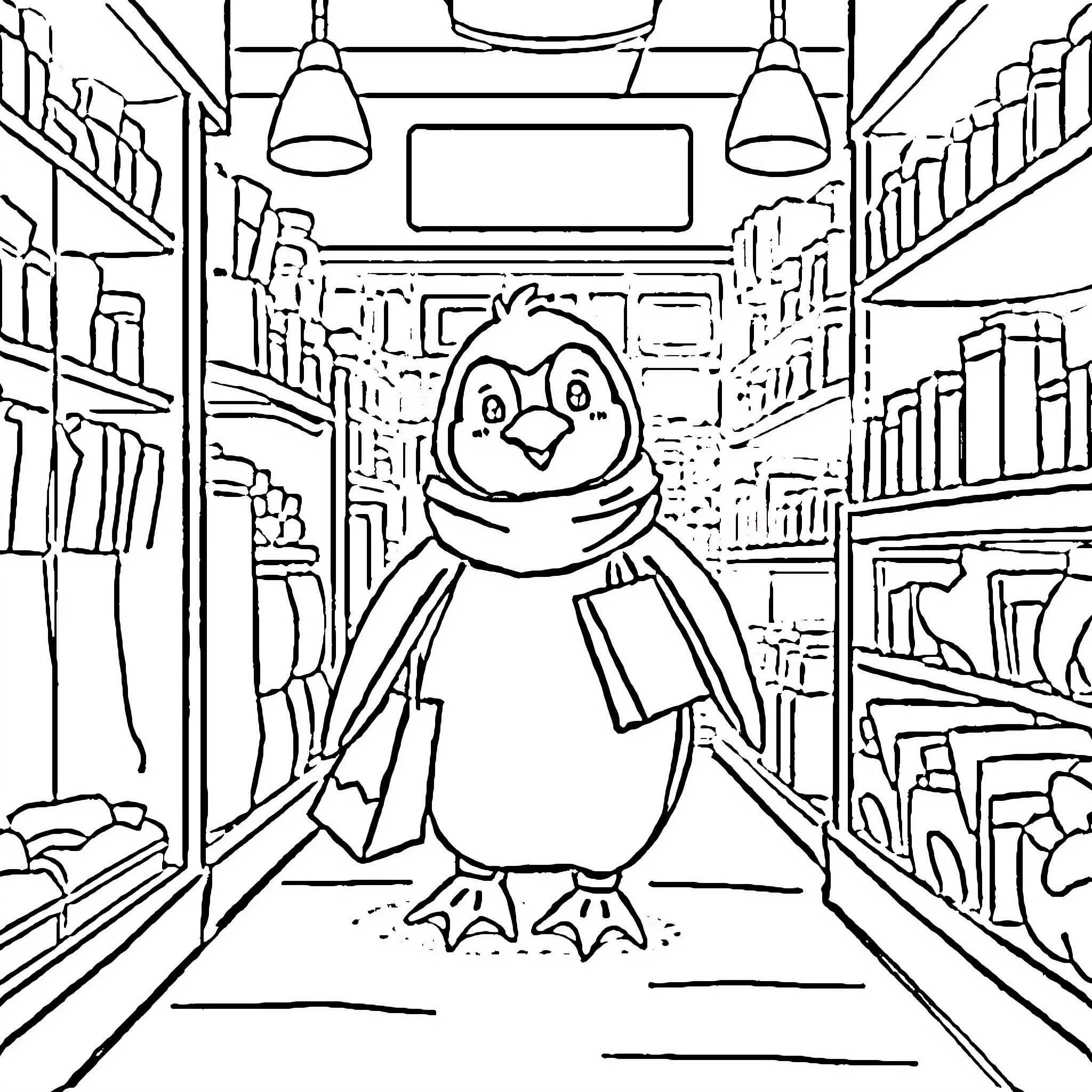Penguin exploring a cozy bookstore Coloring Page (free black-and-white line drawing printable PDF for all, from beginners to advanced learners, including children, teens, adults, and seniors)