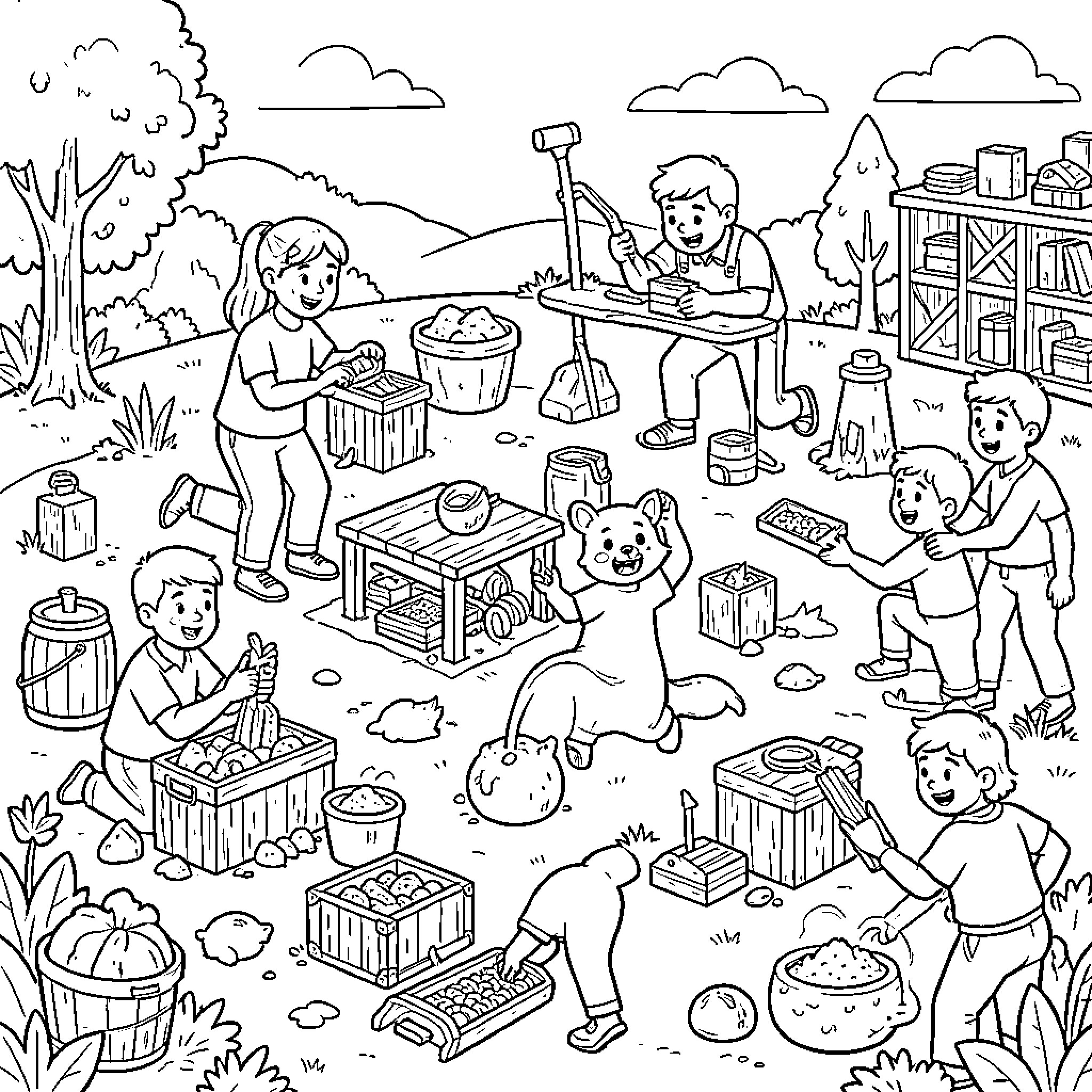 Crafting Game of children playing together in a garden Coloring Page (free black-and-white line drawing printable PDF for all, from beginners to advanced learners, including children, teens, adults, and seniors)