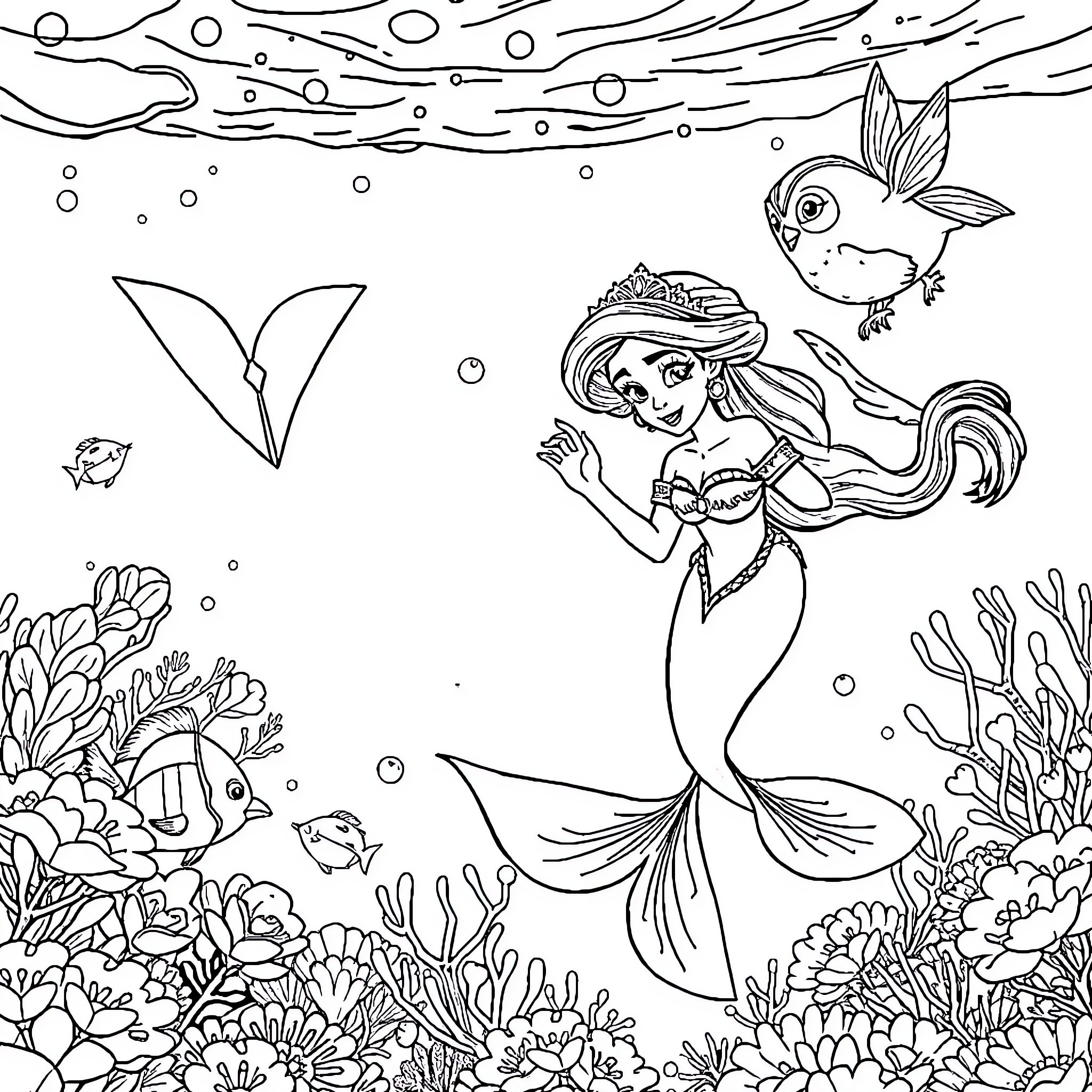Princess Mermaid exploring the underwater world Coloring Page (free black-and-white line drawing printable PDF for all, from beginners to advanced learners, including children, teens, adults, and seniors)
