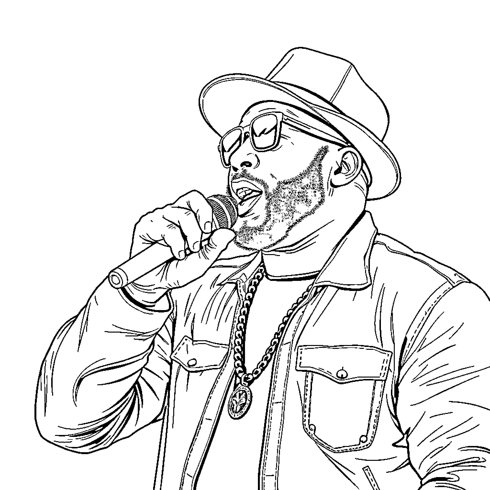LL Cool J performing on stage with a microphone Coloring Page (free black-and-white line drawing printable PDF for all, from beginners to advanced learners, including children, teens, adults, and seniors)