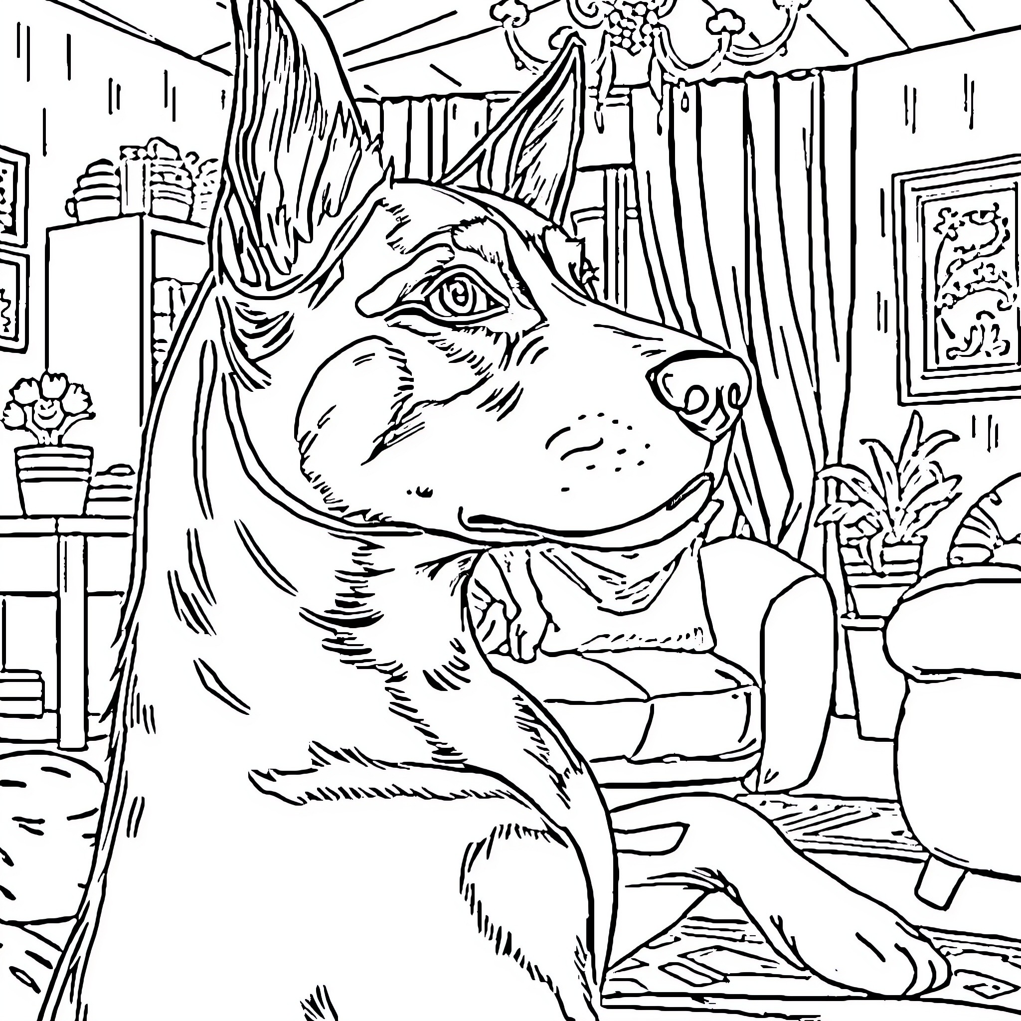 Dog relaxing on a couch in a cozy room Coloring Page (free black-and-white line drawing printable PDF for all, from beginners to advanced learners, including children, teens, adults, and seniors)