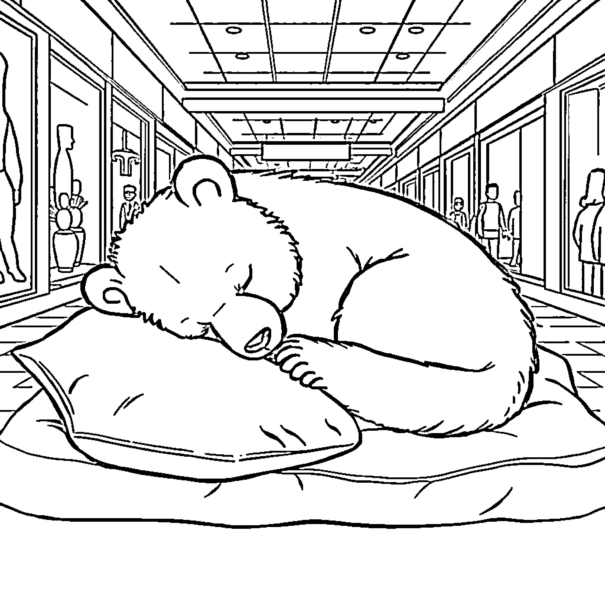 Bear Sleeping Peacefully in School Hallway Coloring Page (free black-and-white line drawing printable PDF for all, from beginners to advanced learners, including children, teens, adults, and seniors)