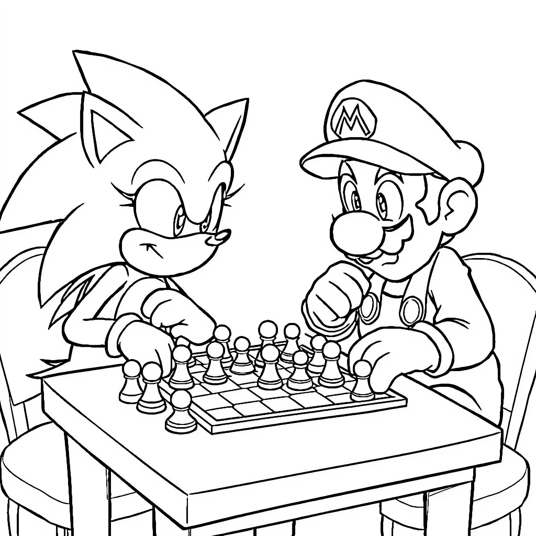 Sonic and Mario playing chess together Coloring Page (free black-and-white line drawing printable PDF for all, from beginners to advanced learners, including children, teens, adults, and seniors)