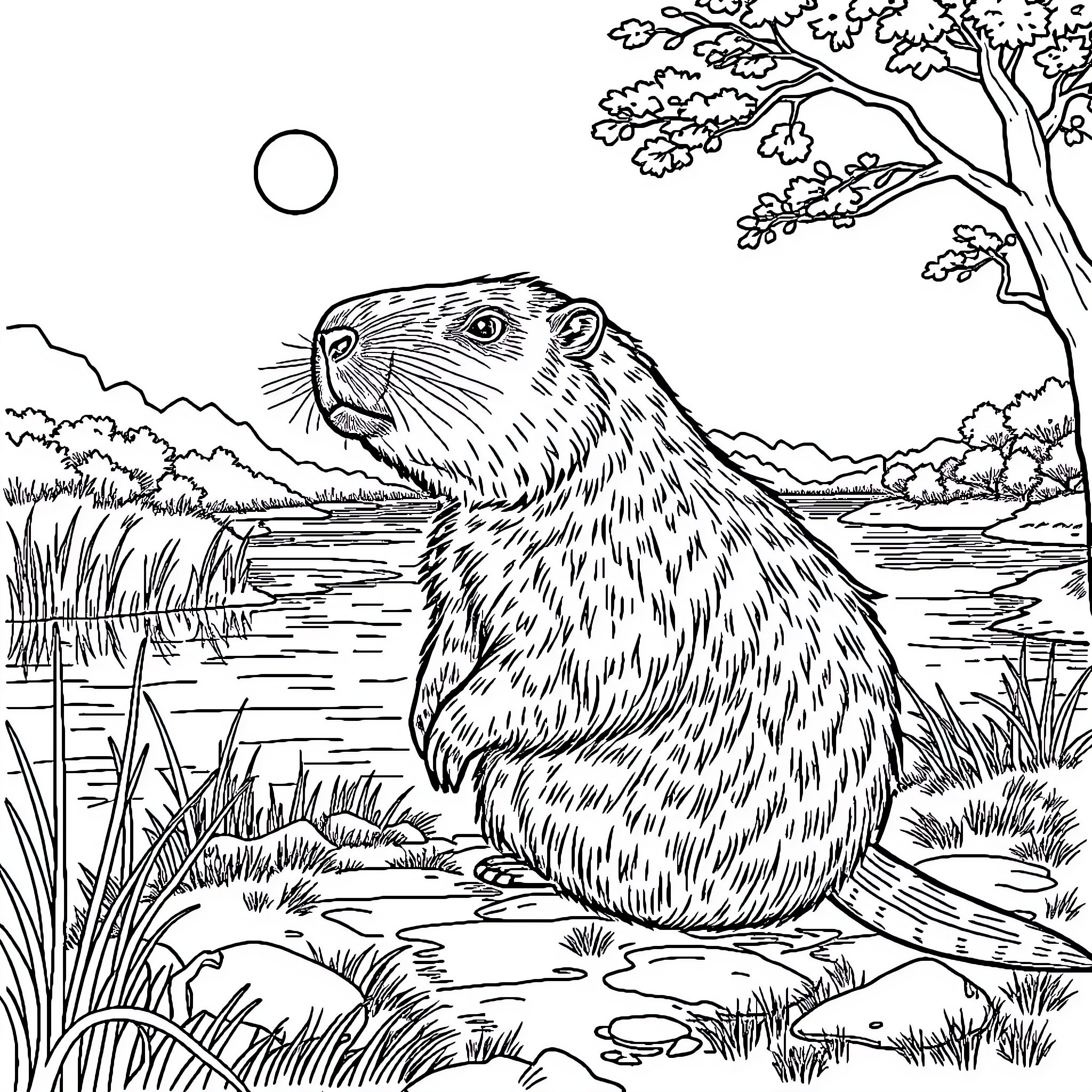 Capybara sitting by the pond in a natural landscape Coloring Page (free black-and-white line drawing printable PDF for all, from beginners to advanced learners, including children, teens, adults, and seniors)