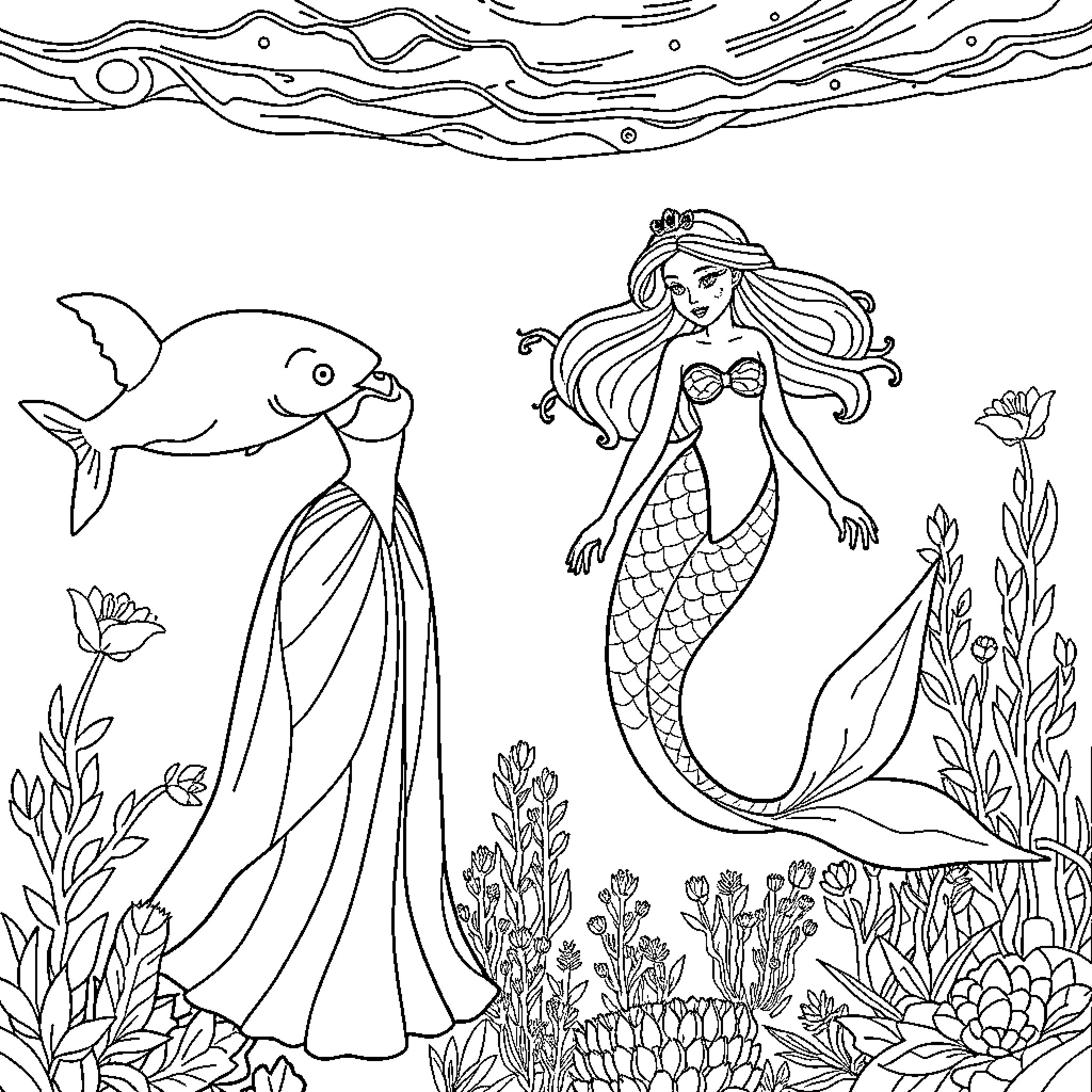 Princesses and Mermaids in an Underwater Wonderland Coloring Page (free black-and-white line drawing printable PDF for all, from beginners to advanced learners, including children, teens, adults, and seniors)