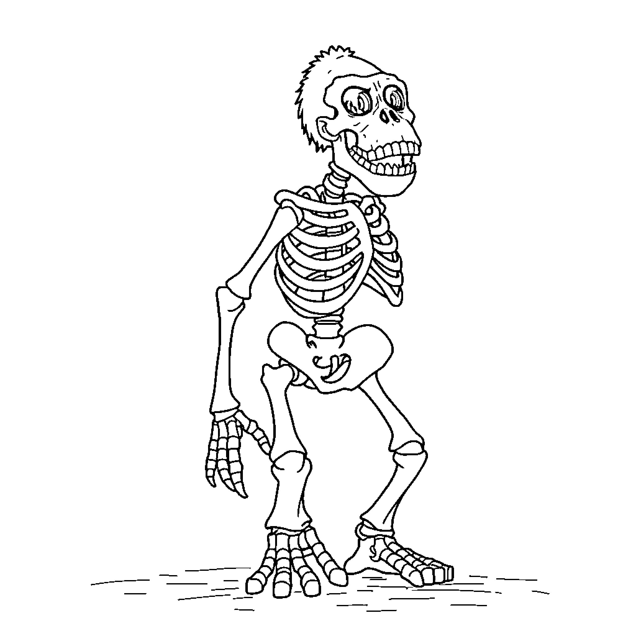 Skeleton character in playful pose Coloring Page (free black-and-white line drawing printable PDF for all, from beginners to advanced learners, including children, teens, adults, and seniors)