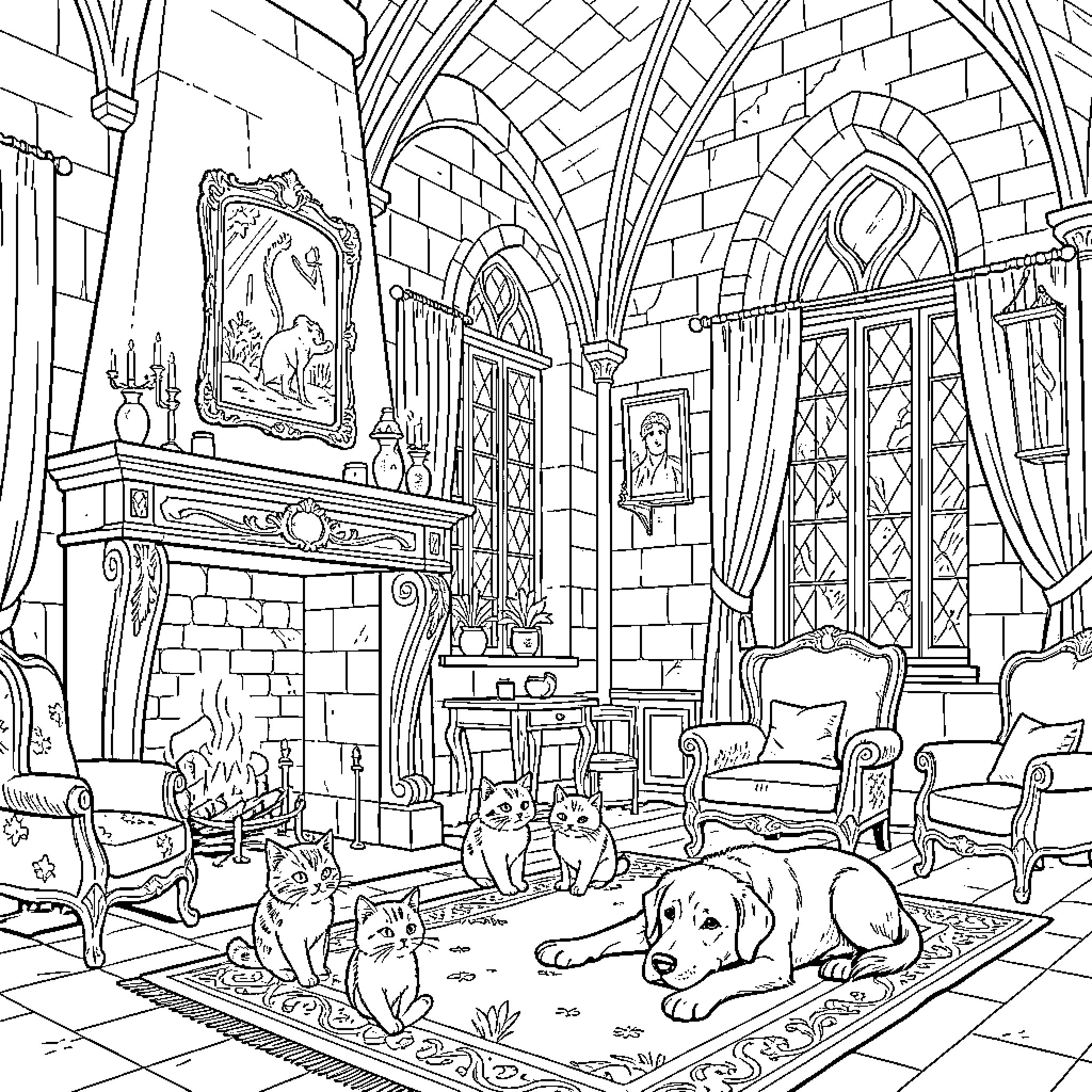 Beauty And The Beast cozy castle room with pets Coloring Page (free black-and-white line drawing printable PDF for all, from beginners to advanced learners, including children, teens, adults, and seniors)