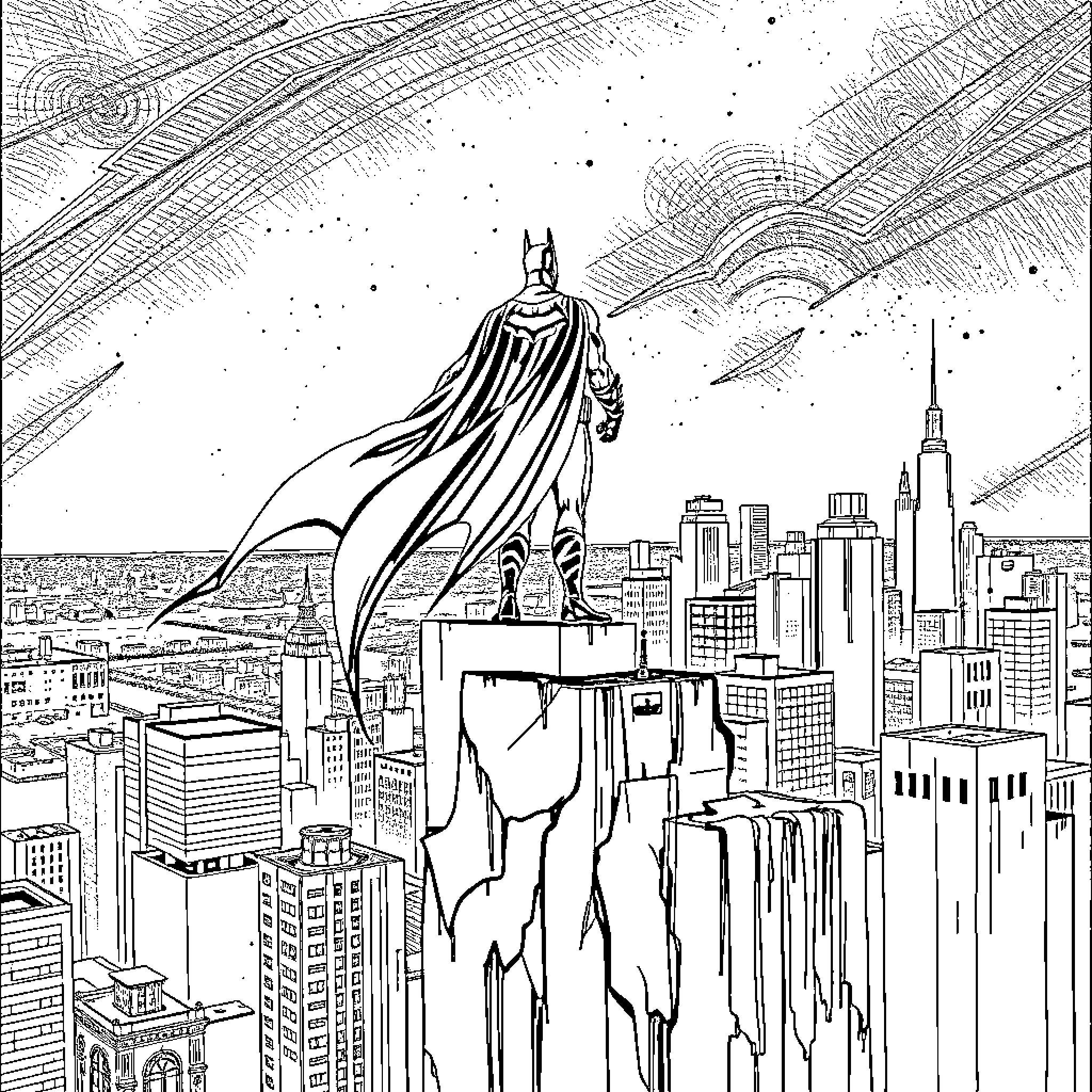 Batman overlooking the city skyline Coloring Page (free black-and-white line drawing printable PDF for all, from beginners to advanced learners, including children, teens, adults, and seniors)