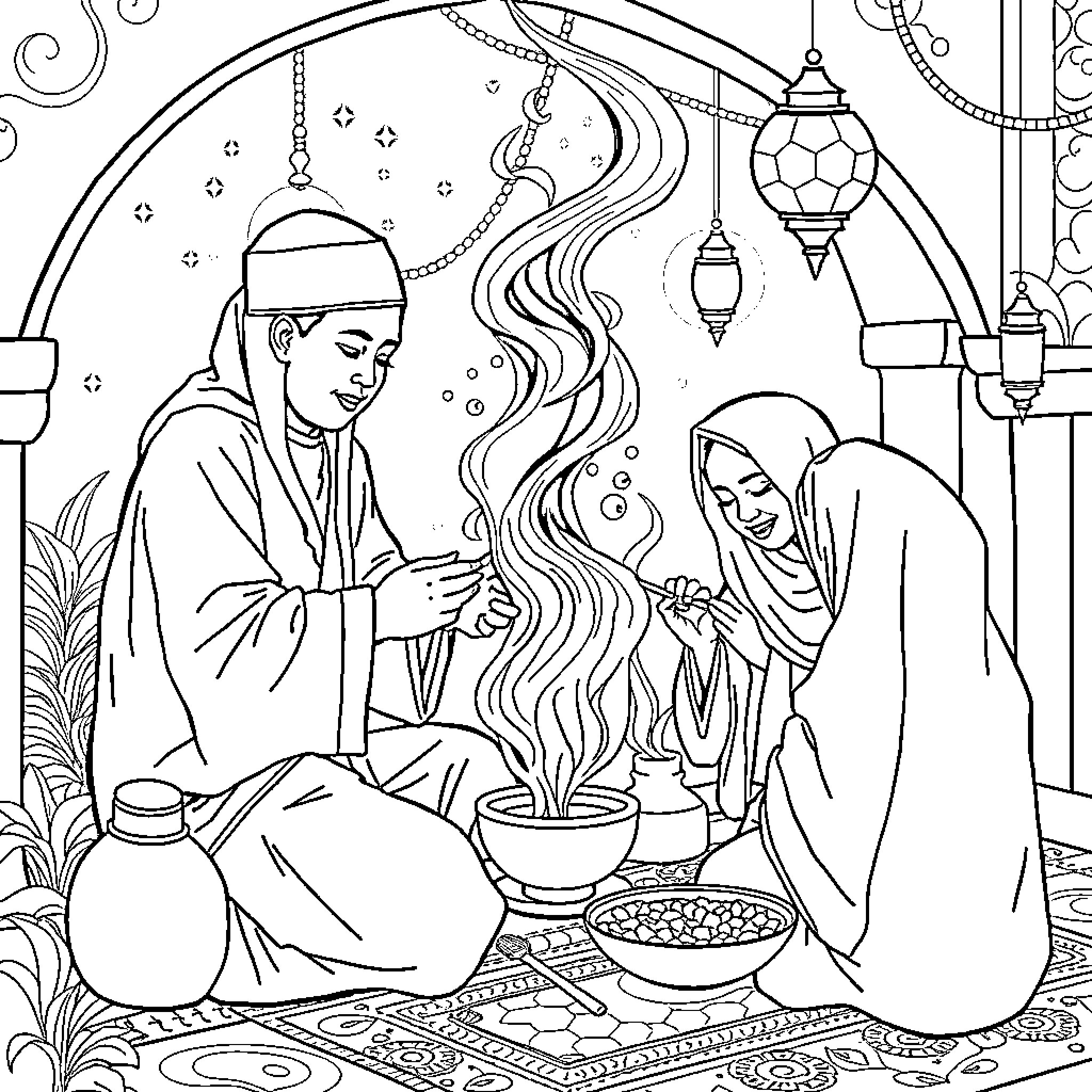 Sahur time with family and traditional meal Coloring Page (free black-and-white line drawing printable PDF for all, from beginners to advanced learners, including children, teens, adults, and seniors)