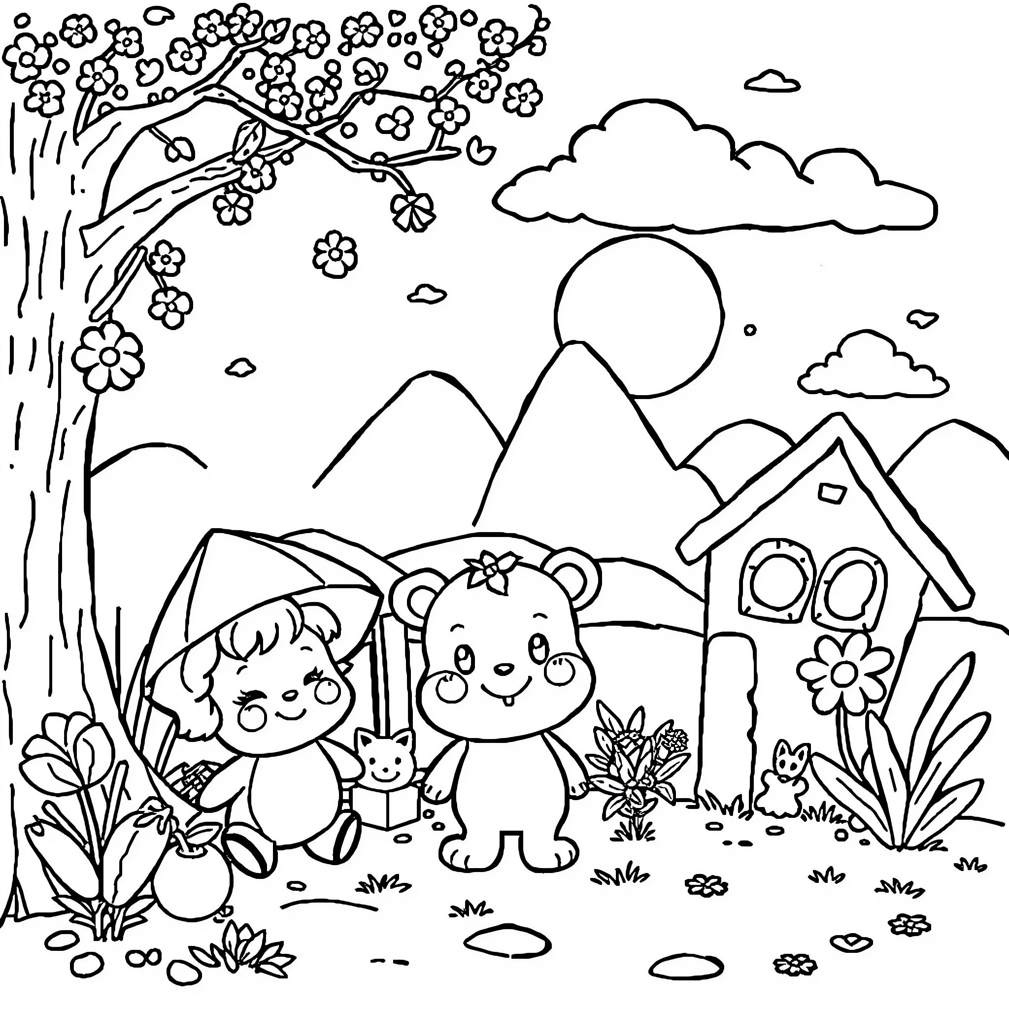 Cartoon Friends Exploring Nature Together Coloring Page (free black-and-white line drawing printable PDF for all, from beginners to advanced learners, including children, teens, adults, and seniors)
