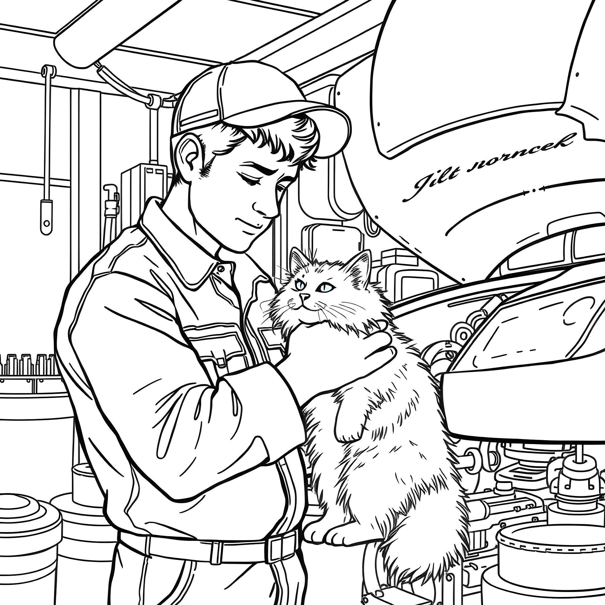 Cat's mechanic friend in the workshop Coloring Page (free black-and-white line drawing printable PDF for all, from beginners to advanced learners, including children, teens, adults, and seniors)