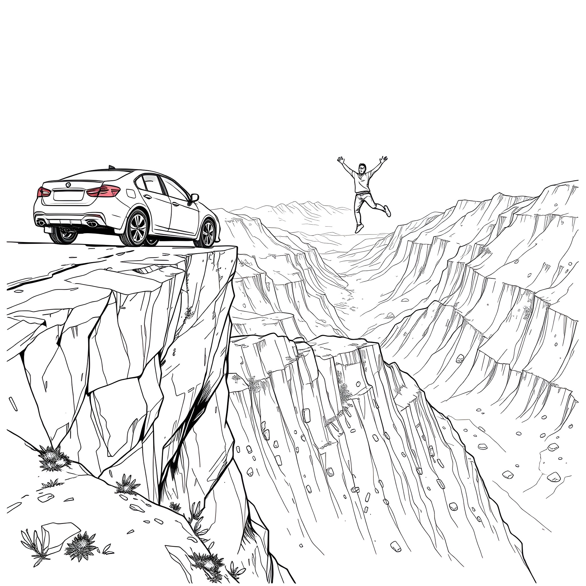 Car driving along a dangerous cliff's edge Coloring Page (free black-and-white line drawing printable PDF for all, from beginners to advanced learners, including children, teens, adults, and seniors)