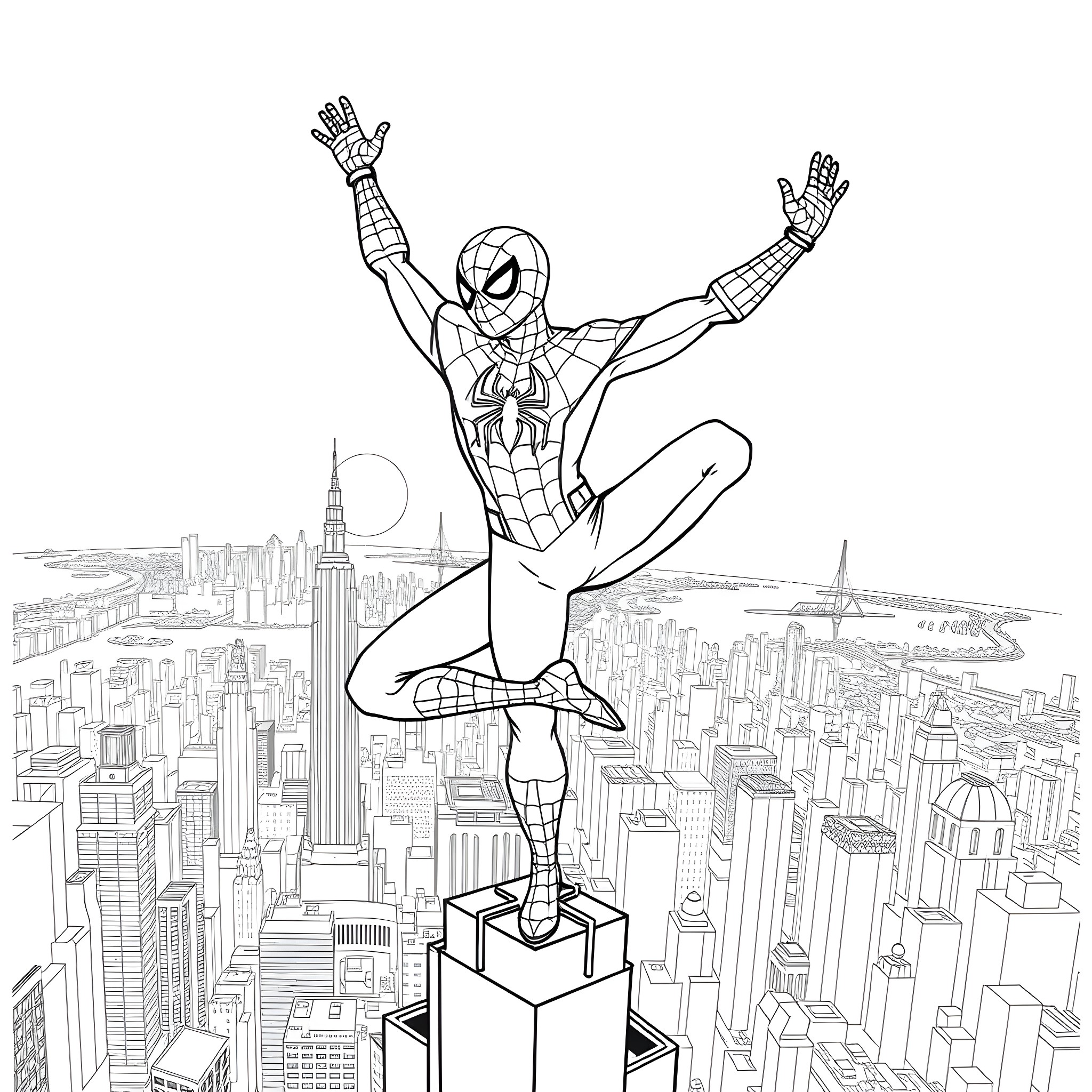 Spiderman Soaring Over the City Skyline Coloring Page (free black-and-white line drawing printable PDF for all, from beginners to advanced learners, including children, teens, adults, and seniors)