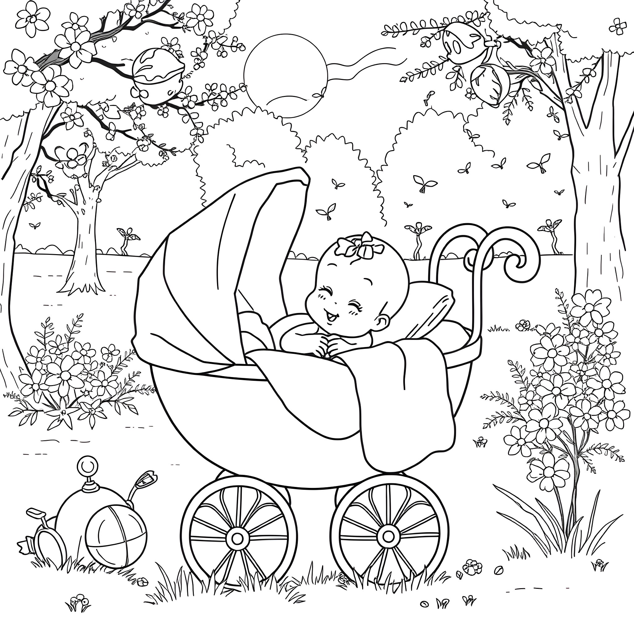 Baby enjoying nature in a stroller Coloring Page (free black-and-white line drawing printable PDF for all, from beginners to advanced learners, including children, teens, adults, and seniors)