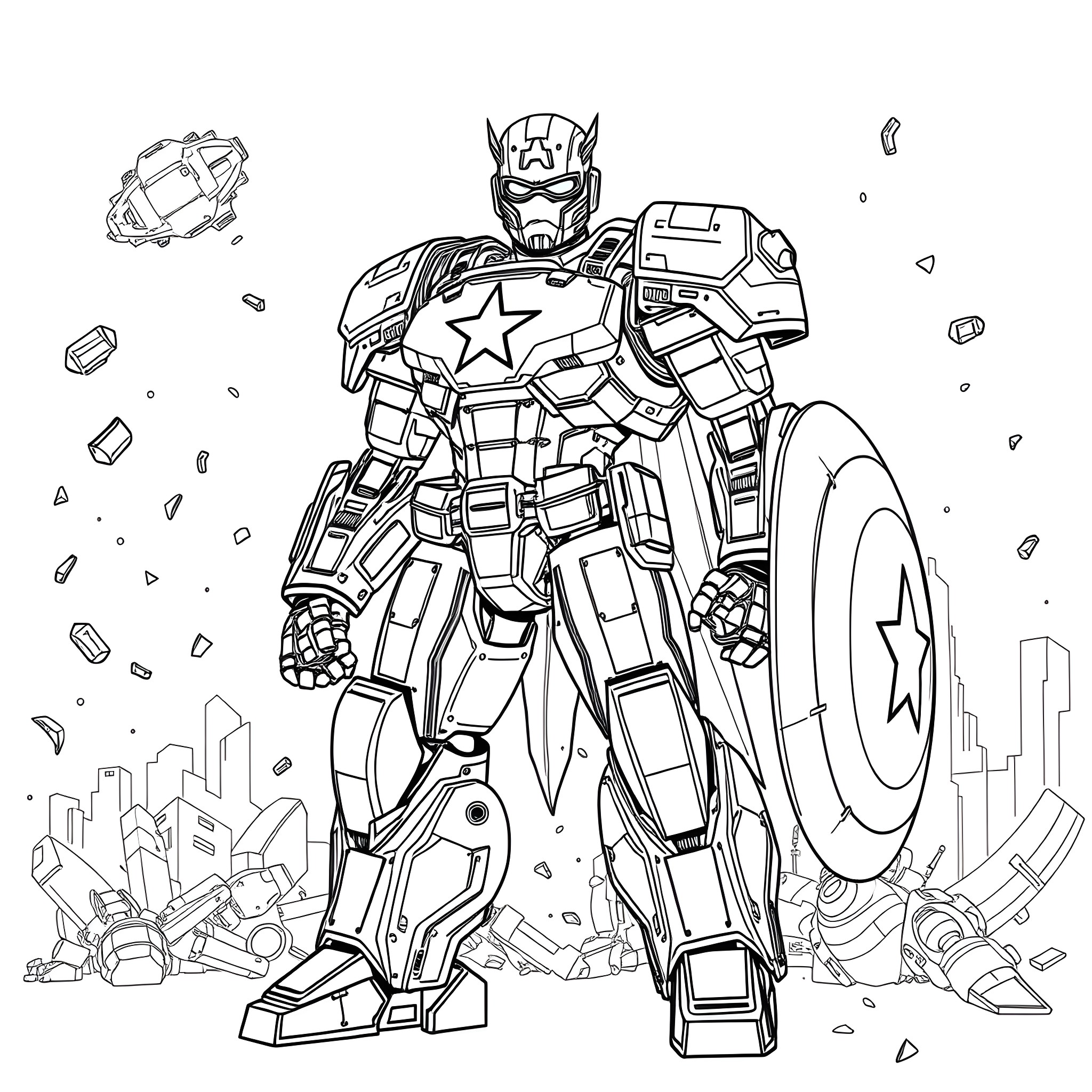 Mecha Captain America battles enemies in the city Coloring Page (free black-and-white line drawing printable PDF for all, from beginners to advanced learners, including children, teens, adults, and seniors)
