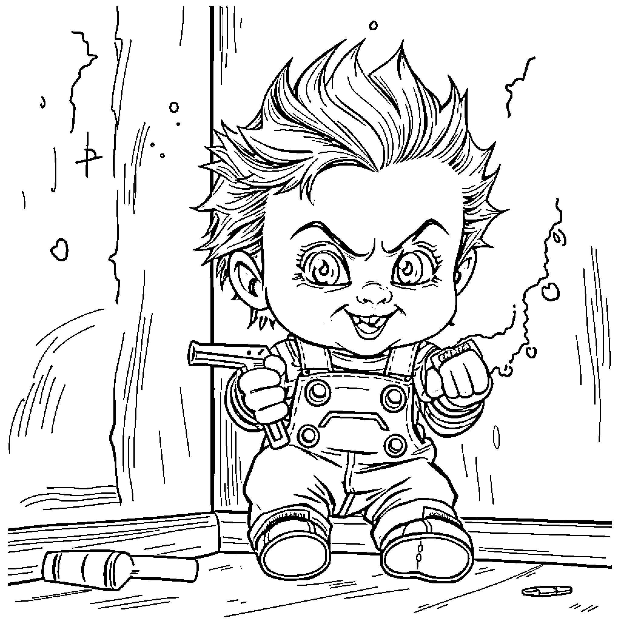Chucky the Doll's Playful Antics Coloring Page (free black-and-white line drawing printable PDF for all, from beginners to advanced learners, including children, teens, adults, and seniors)