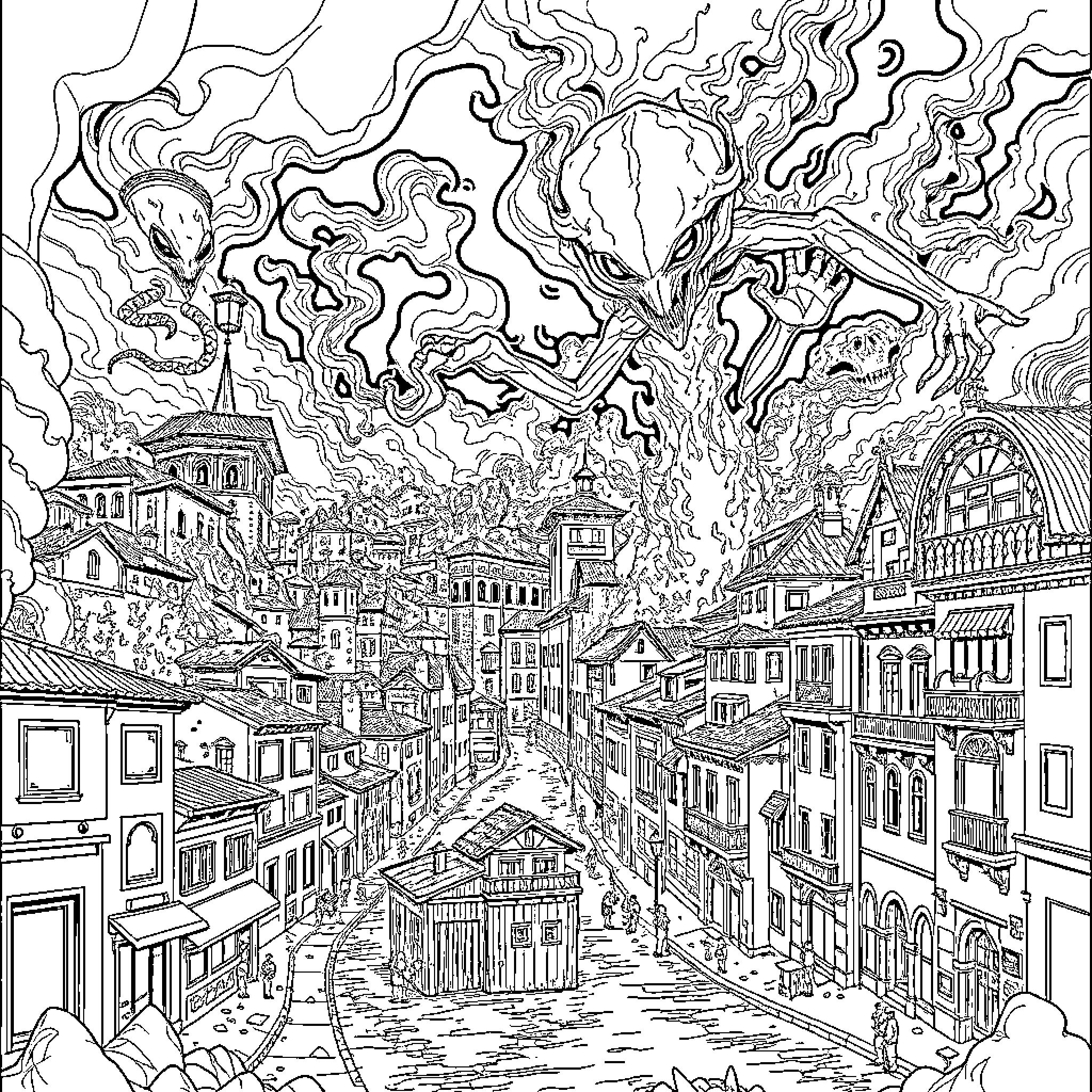Alien Invasion Over Chaotic City Coloring Page (free black-and-white line drawing printable PDF for all, from beginners to advanced learners, including children, teens, adults, and seniors)