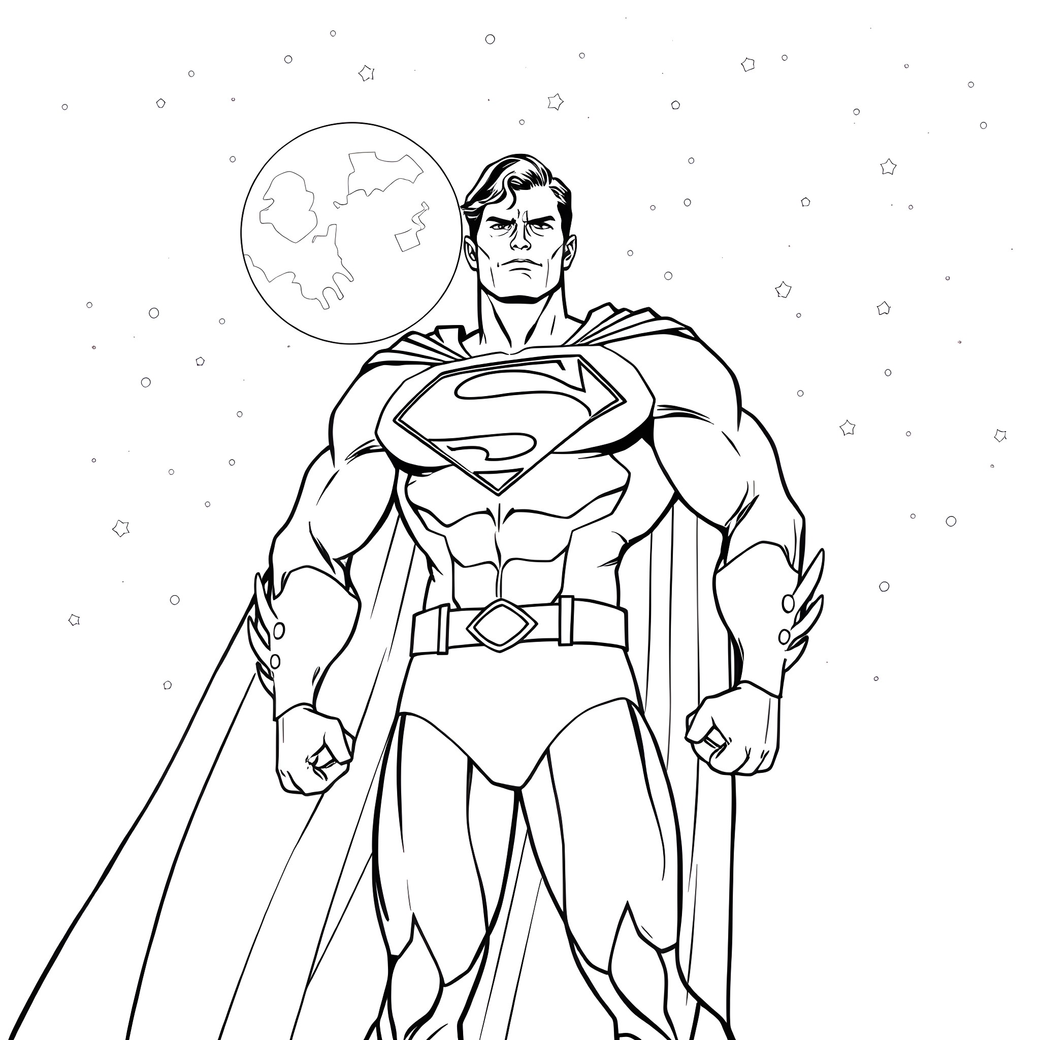 Superman Standing Tall in Heroic Pose Coloring Page (free black-and-white line drawing printable PDF for all, from beginners to advanced learners, including children, teens, adults, and seniors)