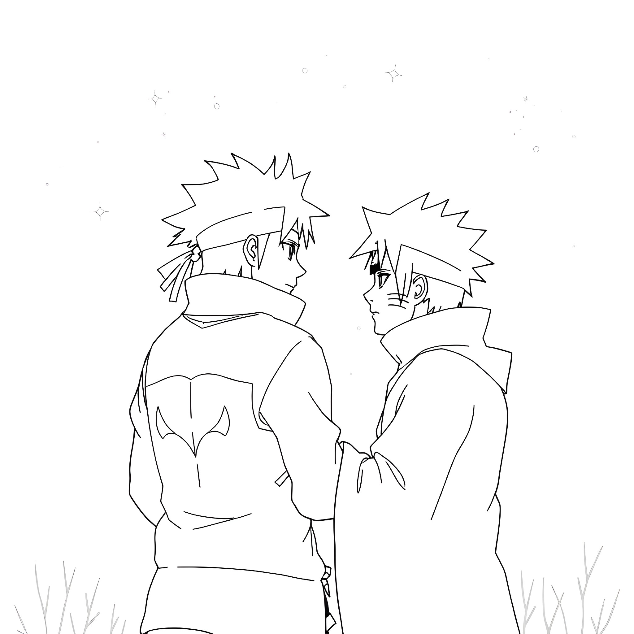 Naruto characters in an expressive pose Coloring Page (free black-and-white line drawing printable PDF for all, from beginners to advanced learners, including children, teens, adults, and seniors)