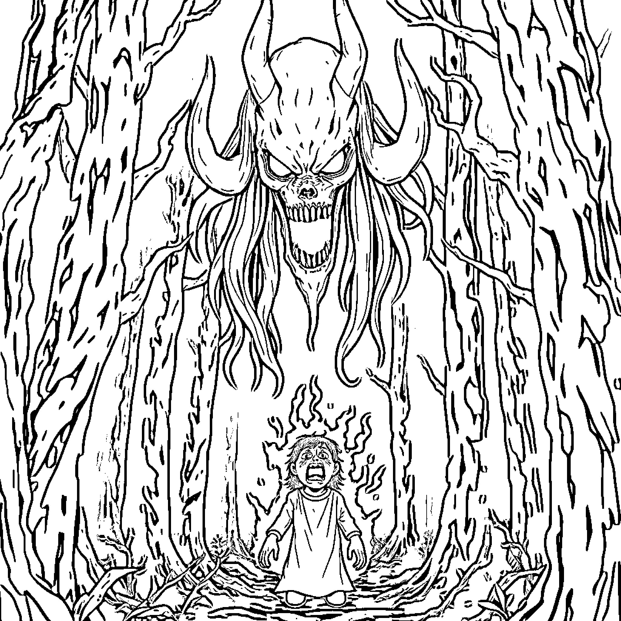 Siren Head Emerging from Eerie Forest Coloring Page (free black-and-white line drawing printable PDF for all, from beginners to advanced learners, including children, teens, adults, and seniors)