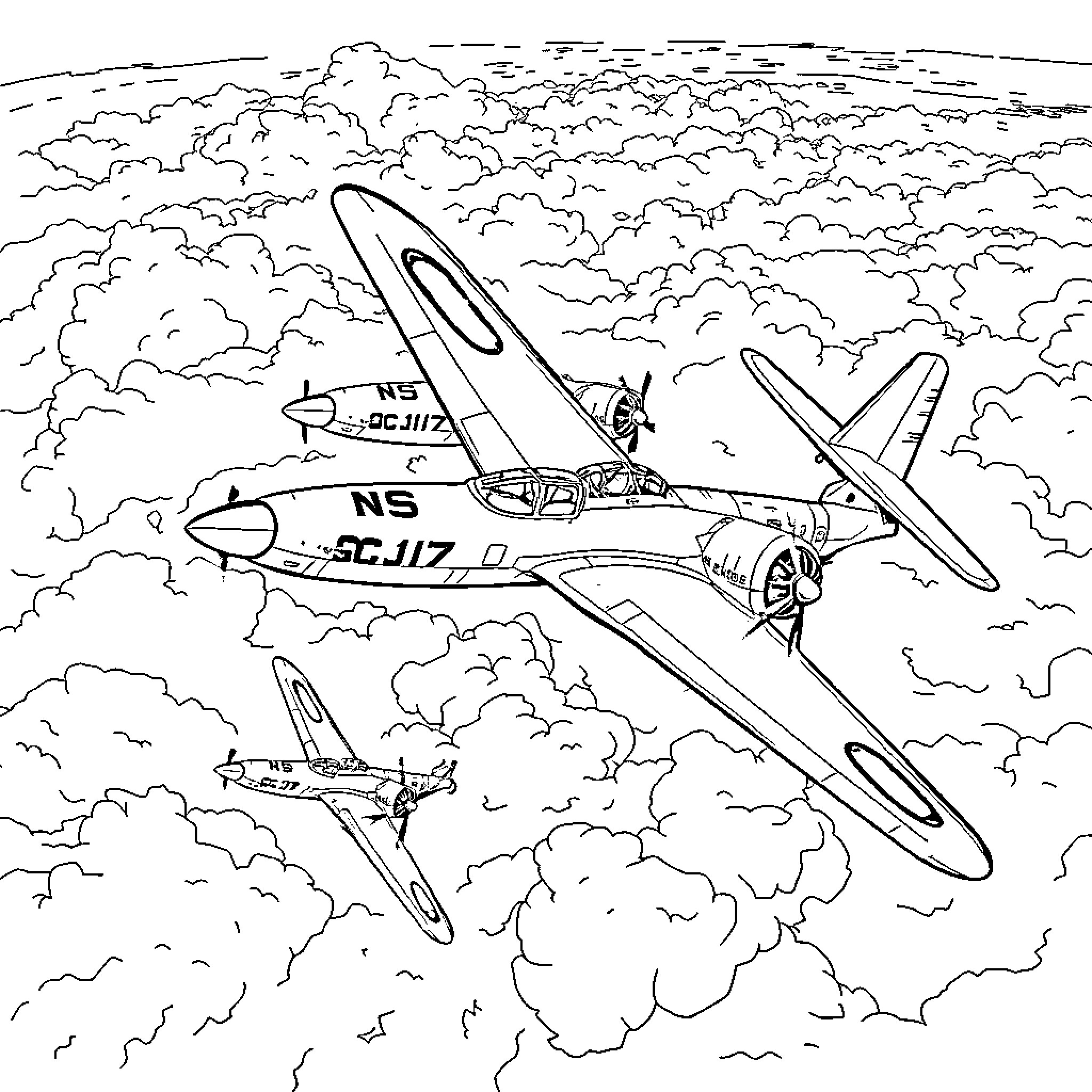 B-17 Bomber Aircraft Soaring Through Cloudy Skies Coloring Page (free black-and-white line drawing printable PDF for all, from beginners to advanced learners, including children, teens, adults, and seniors)