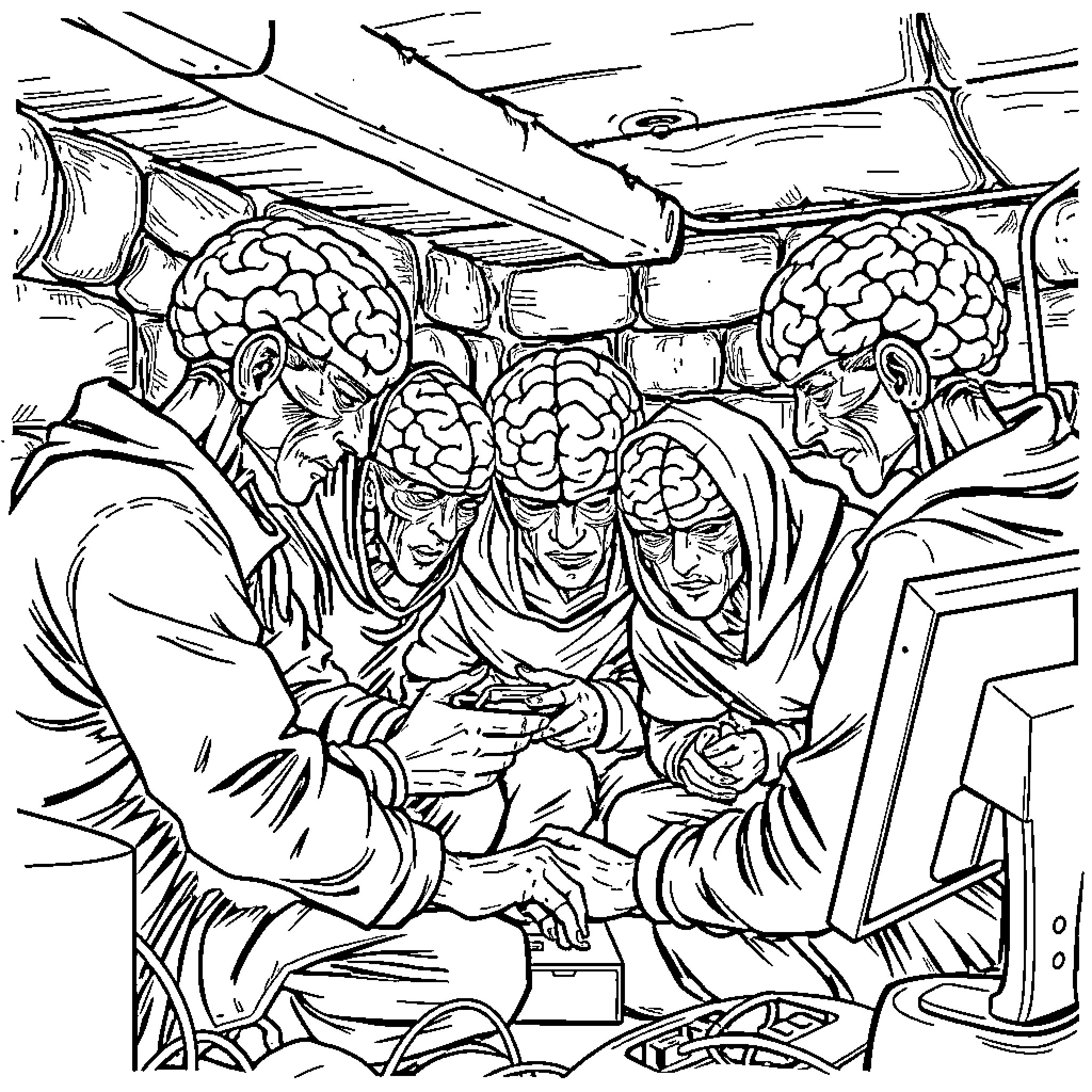 Brainrot: Minds Intertwined in a Digital Realm Coloring Page (free black-and-white line drawing printable PDF for all, from beginners to advanced learners, including children, teens, adults, and seniors)