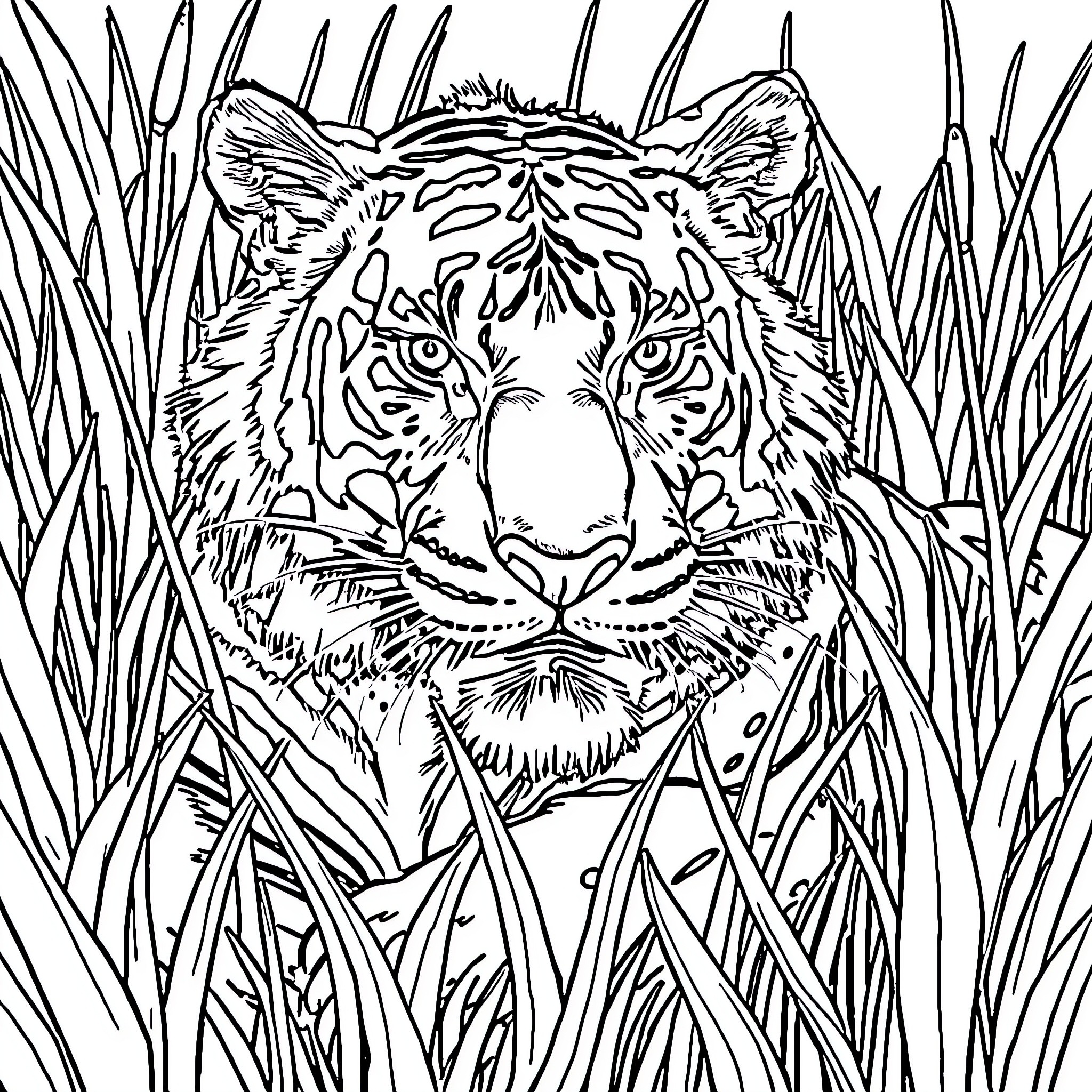 Tiger peeking through tall grass Coloring Page (free black-and-white line drawing printable PDF for all, from beginners to advanced learners, including children, teens, adults, and seniors)