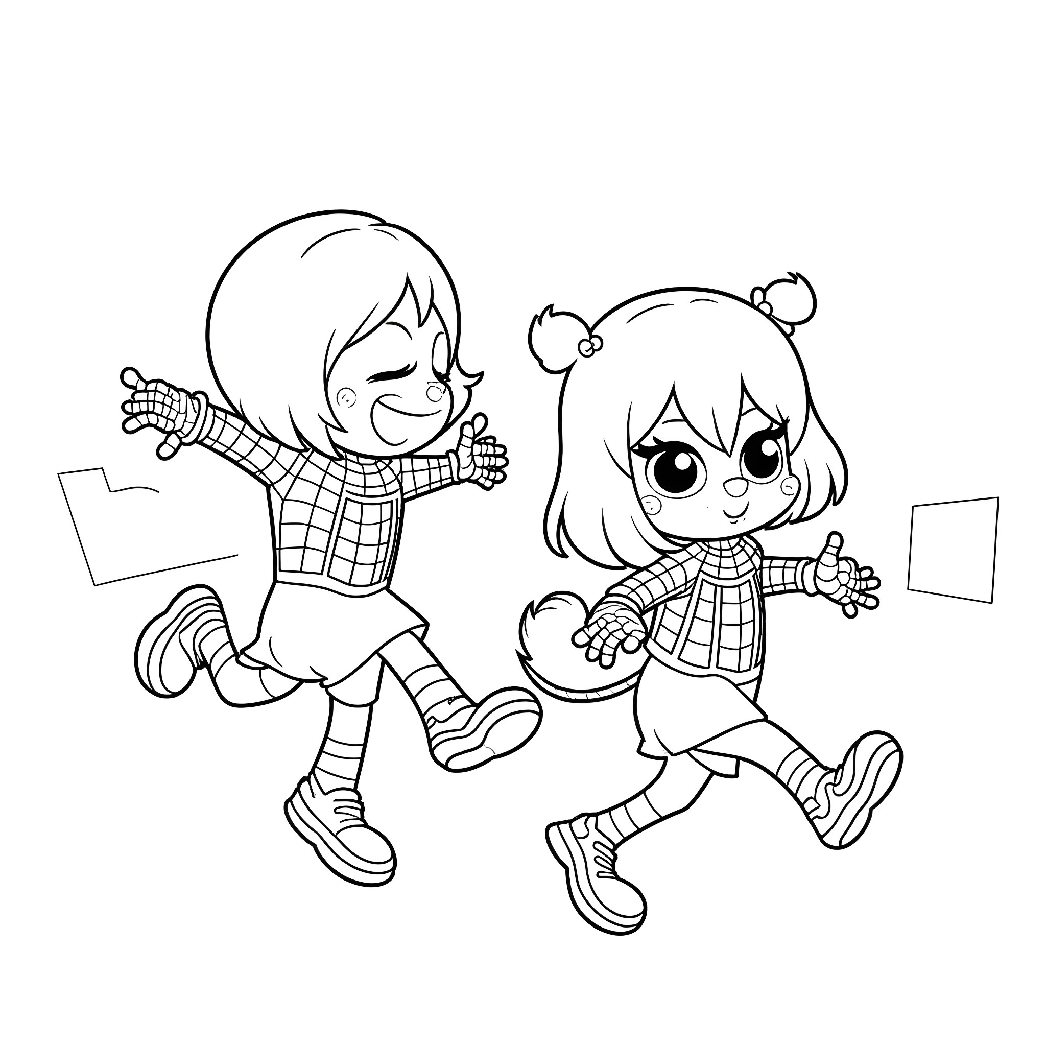 Bingo two kids playing and jumping happily Coloring Page (free black-and-white line drawing printable PDF for all, from beginners to advanced learners, including children, teens, adults, and seniors)
