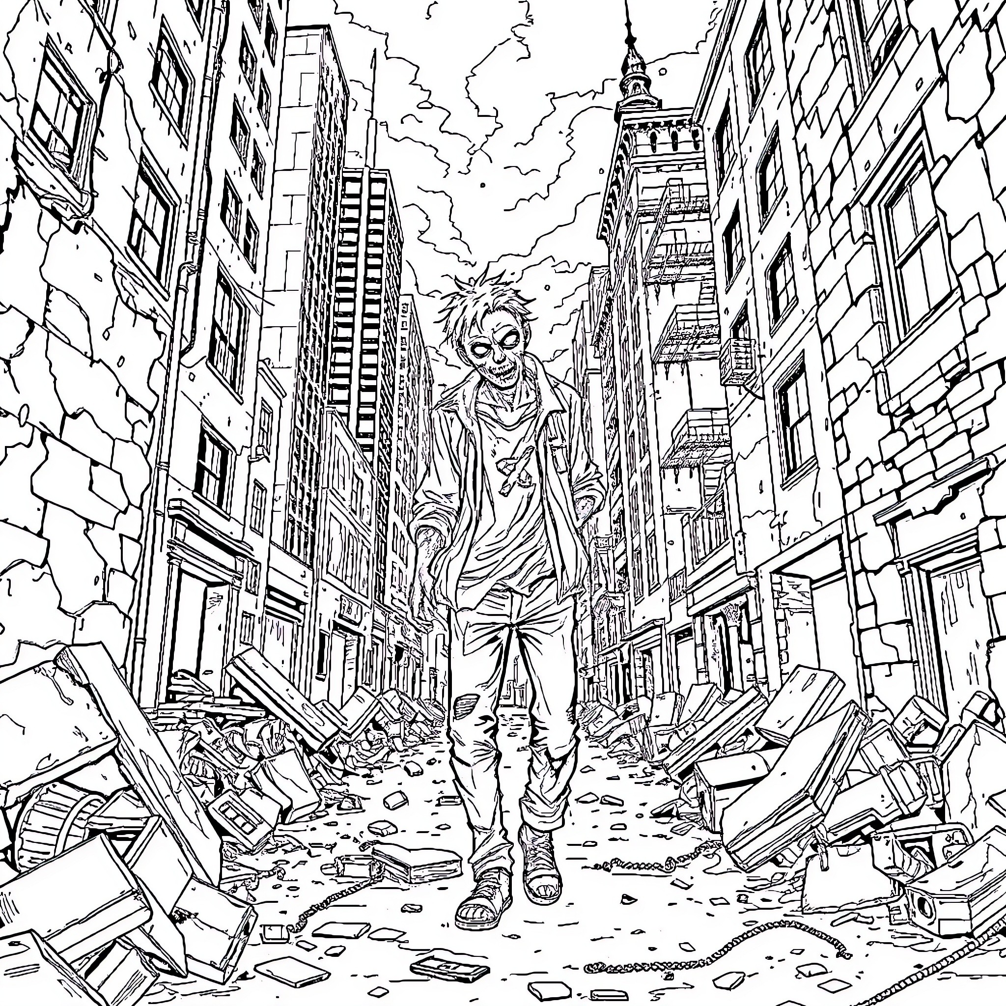 Anime Zombie Wandering Through Ruins and Destruction Coloring Page (free black-and-white line drawing printable PDF for all, from beginners to advanced learners, including children, teens, adults, and seniors)
